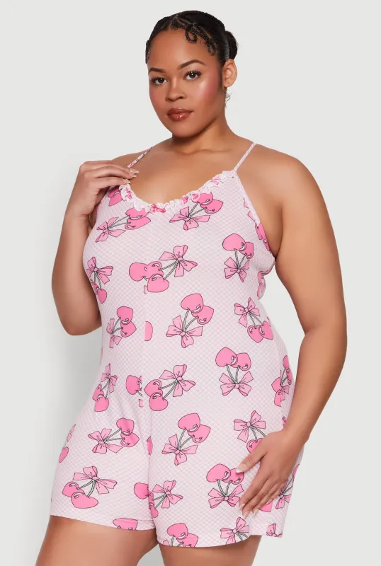 Plus Size Checkered Cherry Graphic Pajama Romper sold by Rainbow