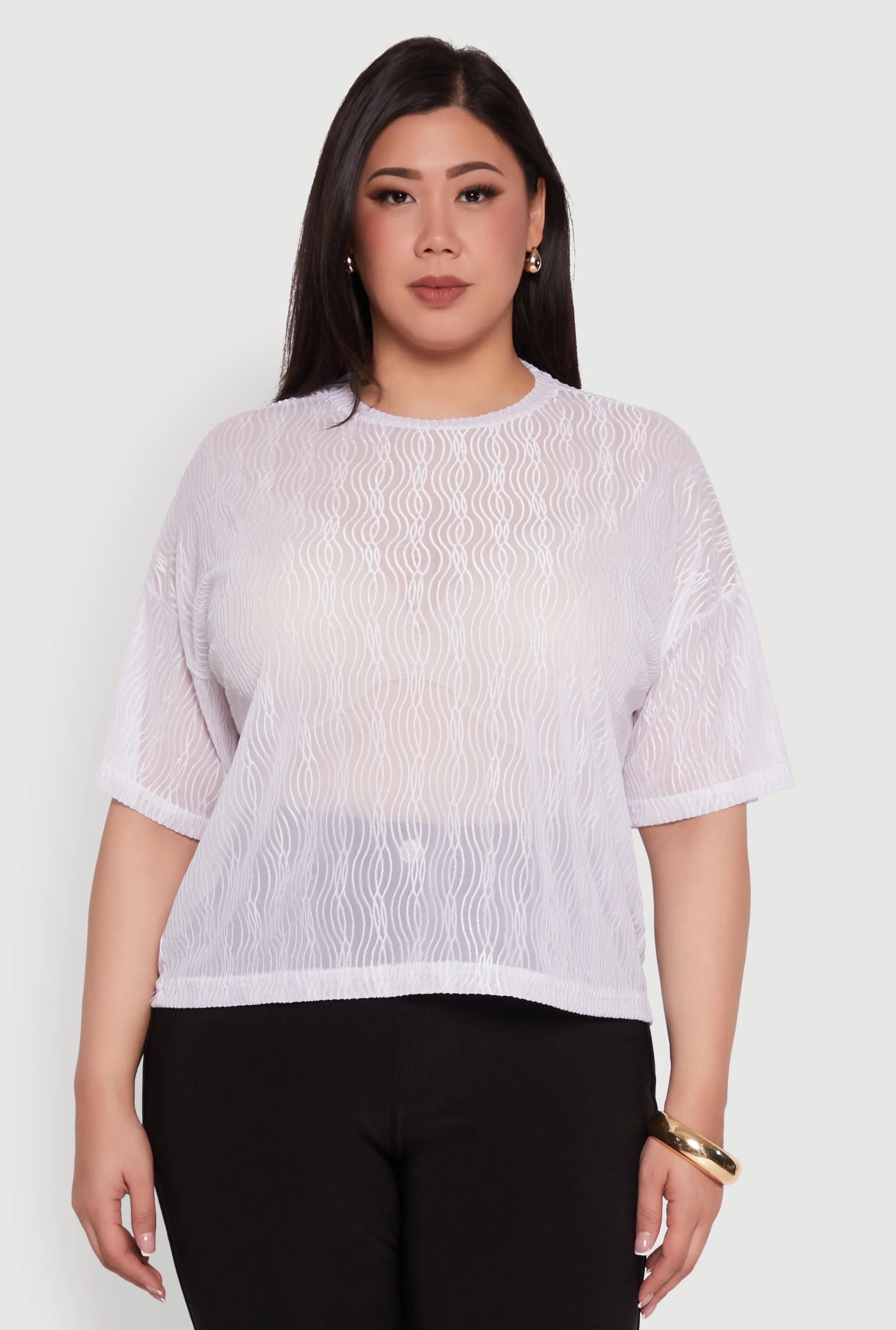 Plus Size Chic Sheer Mesh Blouse with Crew Neck and Short Sleeves sold by Rainbow product image thumbnail 2
