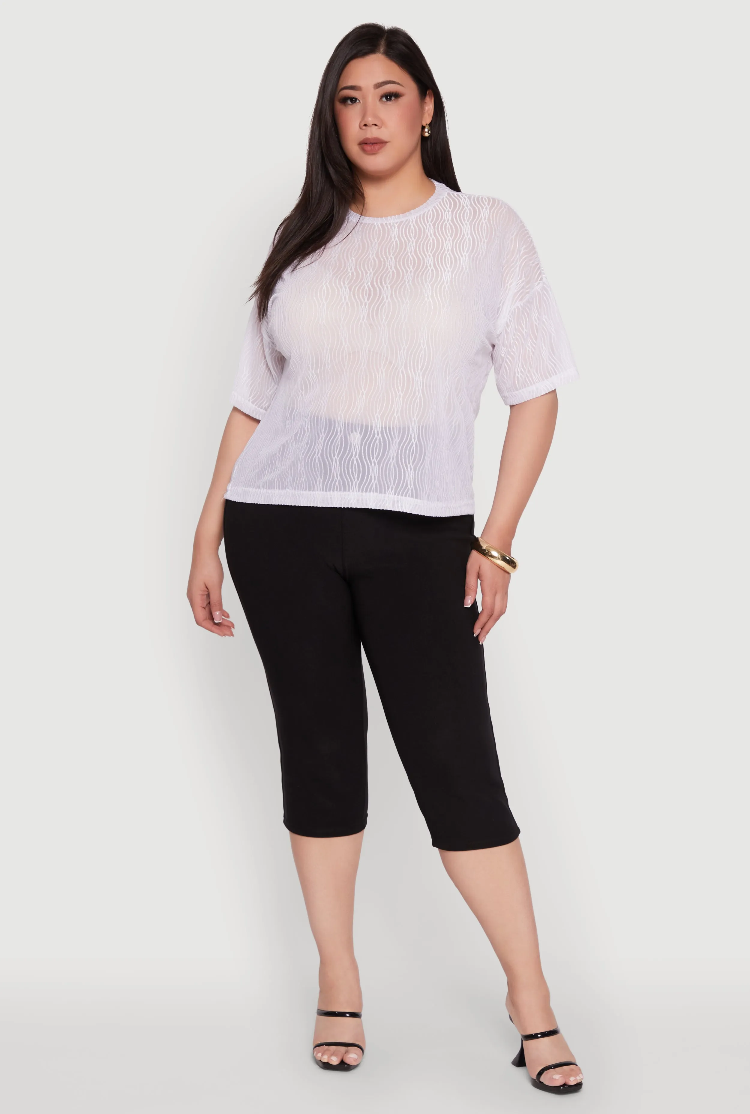 Plus Size Chic Sheer Mesh Blouse with Crew Neck and Short Sleeves sold by Rainbow
