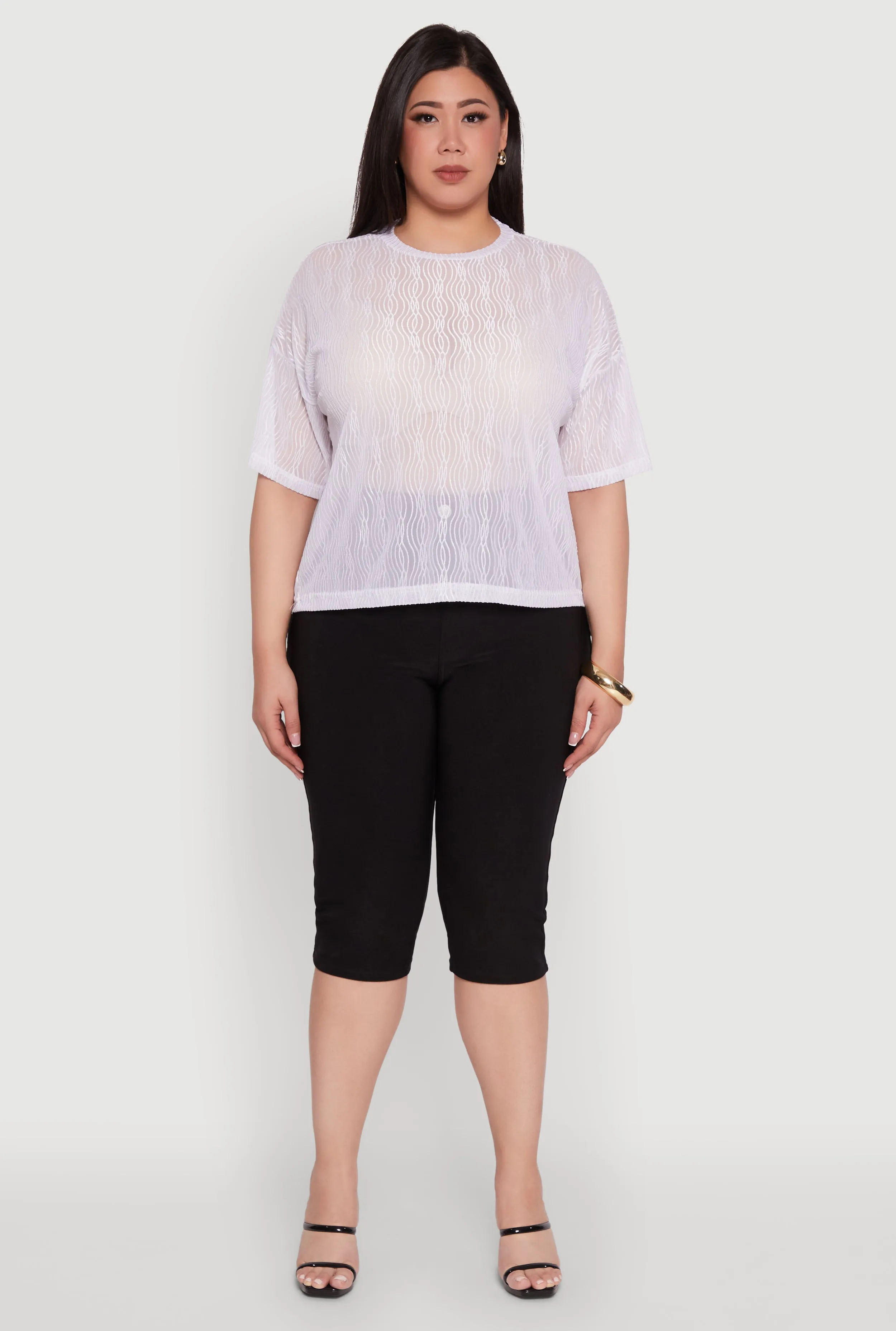 Plus Size Chic Sheer Mesh Blouse with Crew Neck and Short Sleeves sold by Rainbow product image thumbnail 3