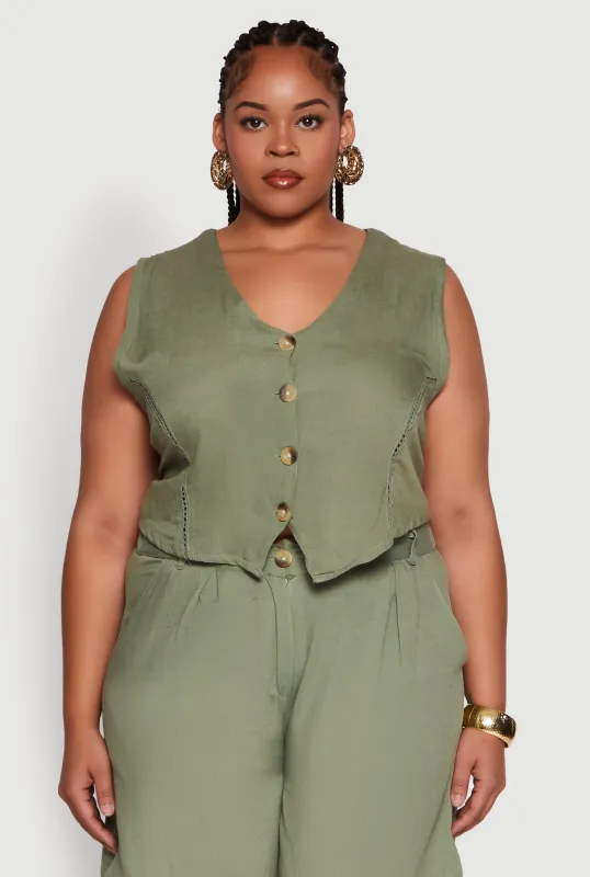 Plus Size Trendy Linen Crochet Detail Cropped Vest sold by Rainbow