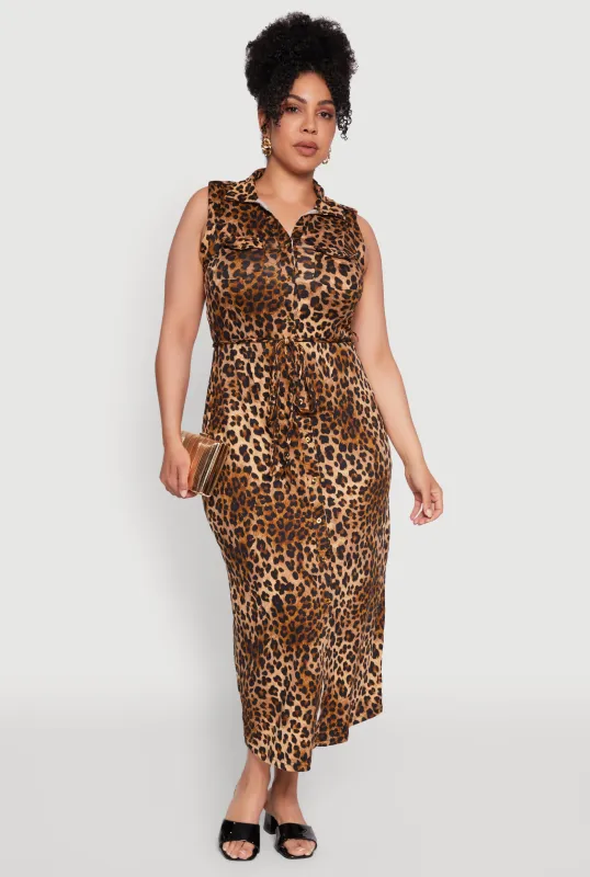 Plus Size Chic Sleeveless Shirt Dress with Tie Waist Belt sold by Rainbow