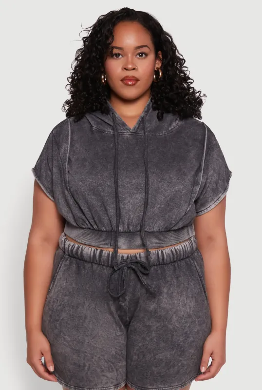 Plus Size Mineral Wash Hooded Crop Sweatshirt with Ruching sold by Rainbow
