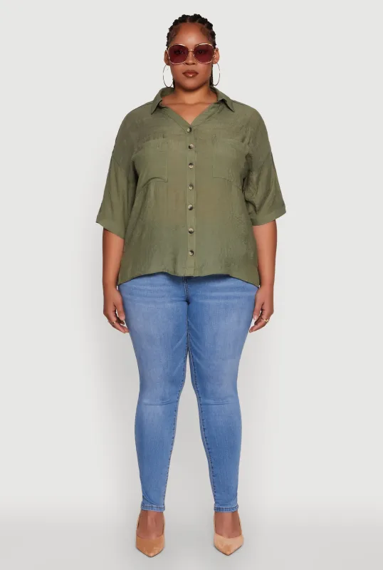Plus Size Chic Side Slit Button Front Shirt sold by Rainbow