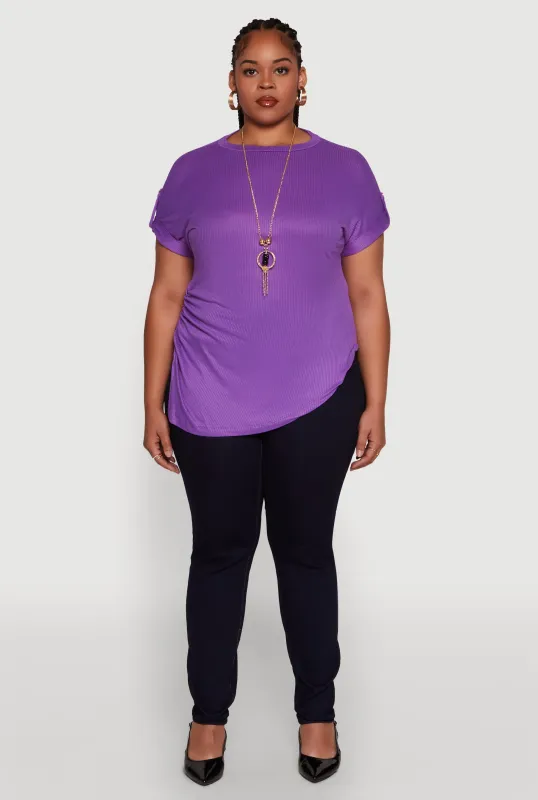 Plus Size Stylish Ribbed Knit Top with Asymmetrical Design and Necklace sold by Rainbow