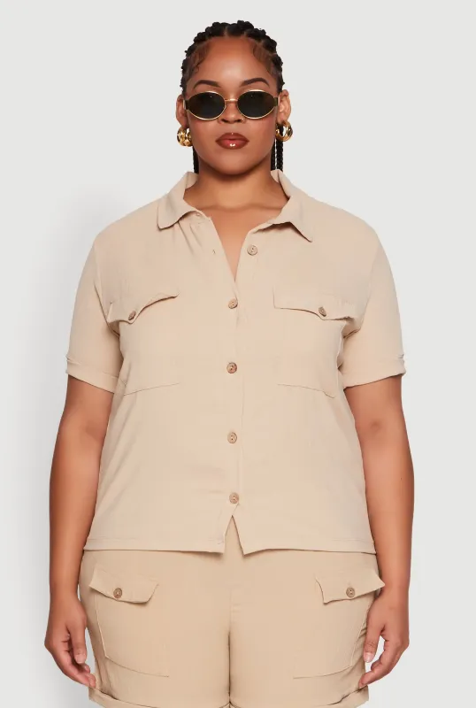 Plus Size Crepe Knit Cargo Pocket Button Front Shirt sold by Rainbow