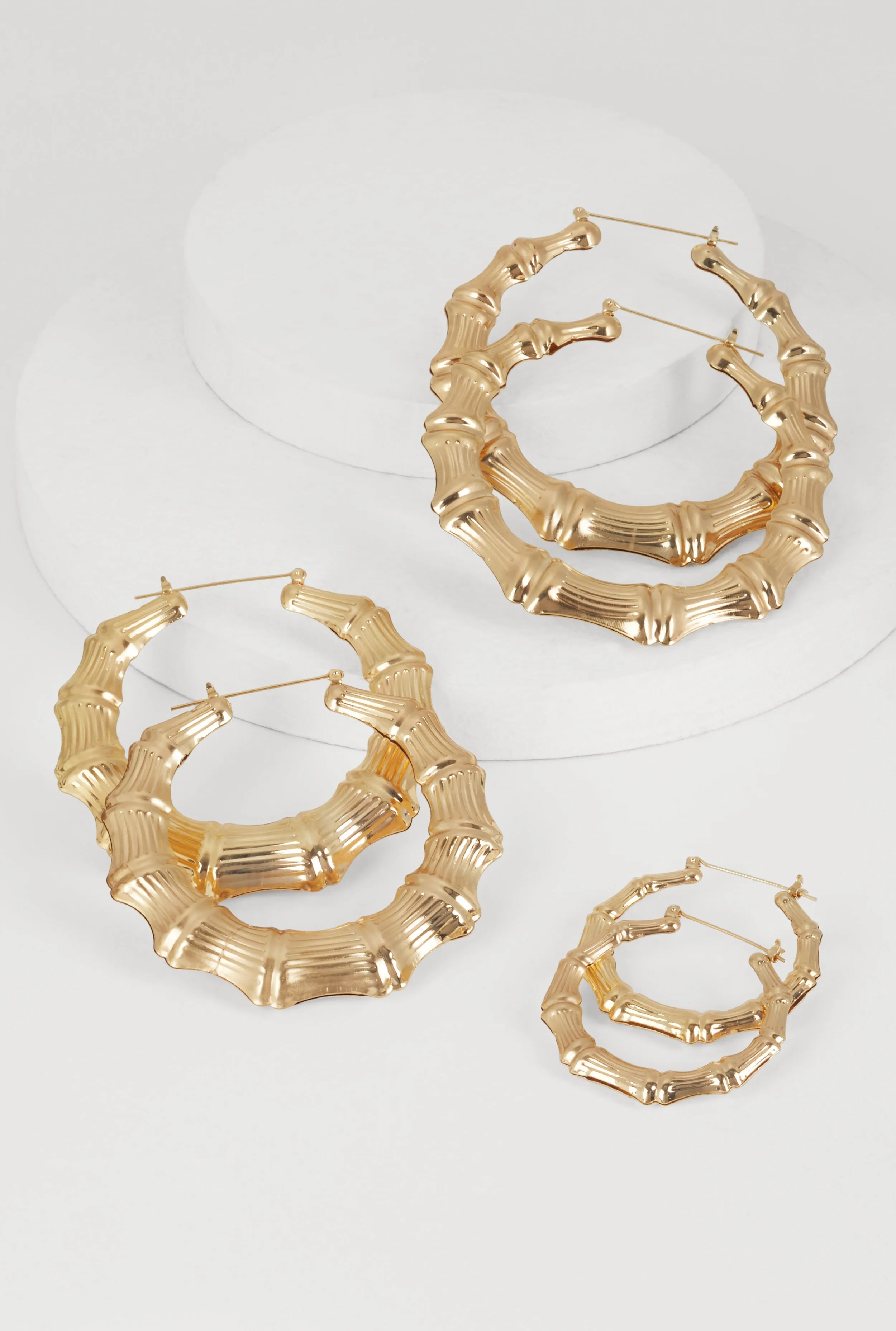 Stylish Metallic Bamboo Hoop Earrings Trio sold by Rainbow