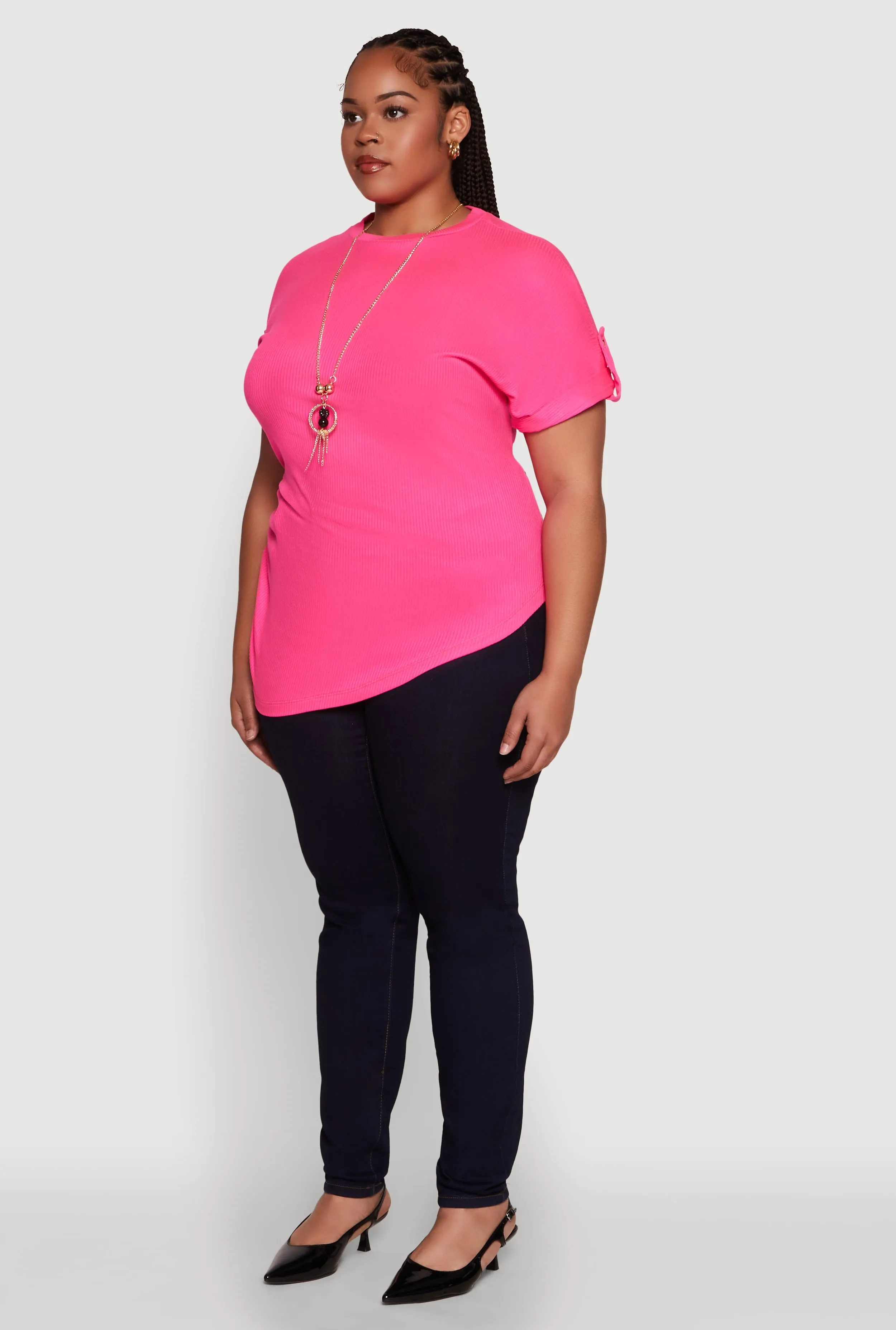 Plus Size Stylish Ribbed Knit Top with Asymmetrical Design and Necklace sold by Rainbow product image thumbnail 5