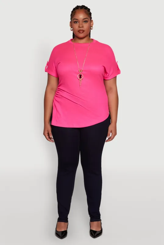 Plus Size Stylish Ribbed Knit Top with Asymmetrical Design and Necklace sold by Rainbow