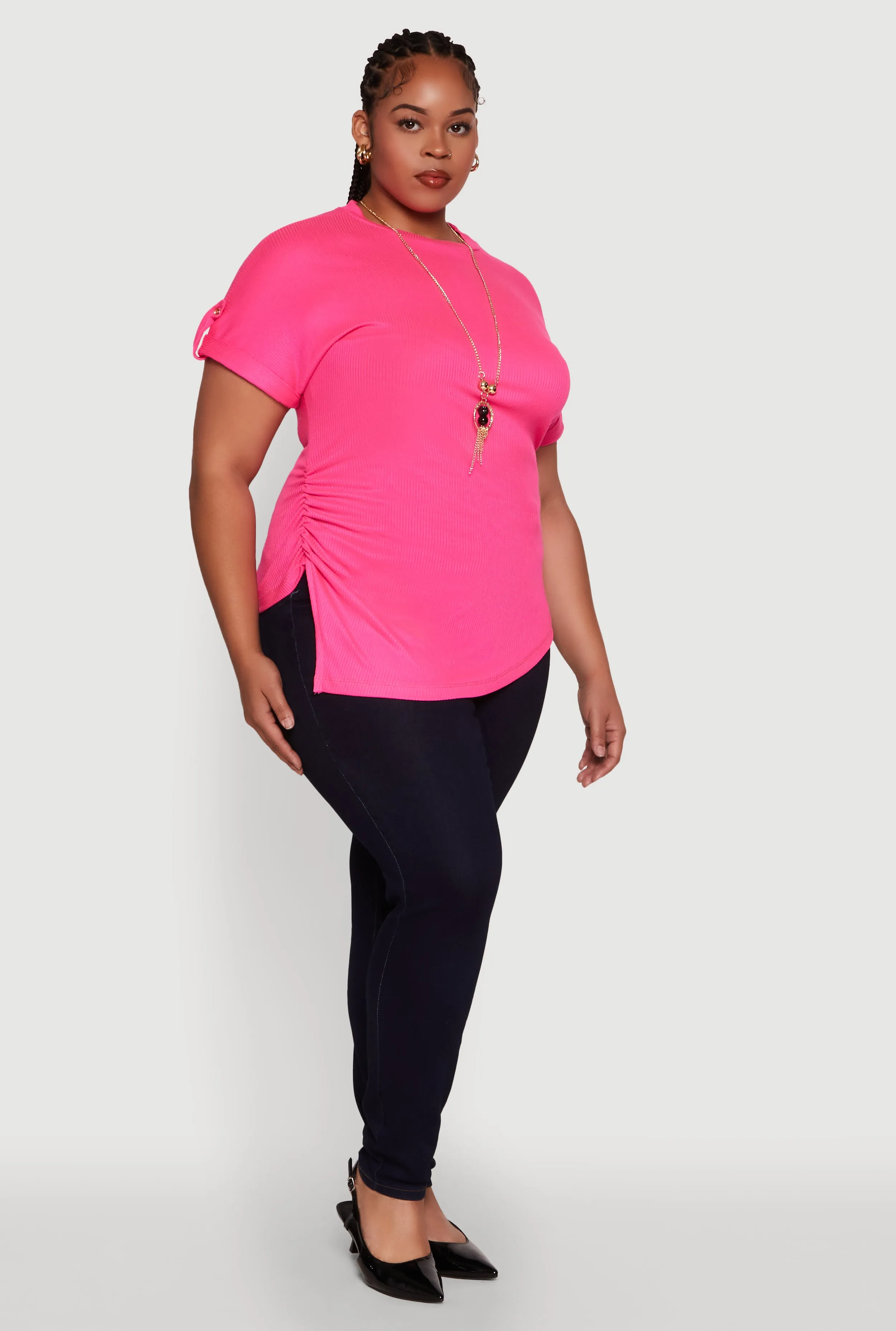 Plus Size Stylish Ribbed Knit Top with Asymmetrical Design and Necklace sold by Rainbow product image thumbnail 3