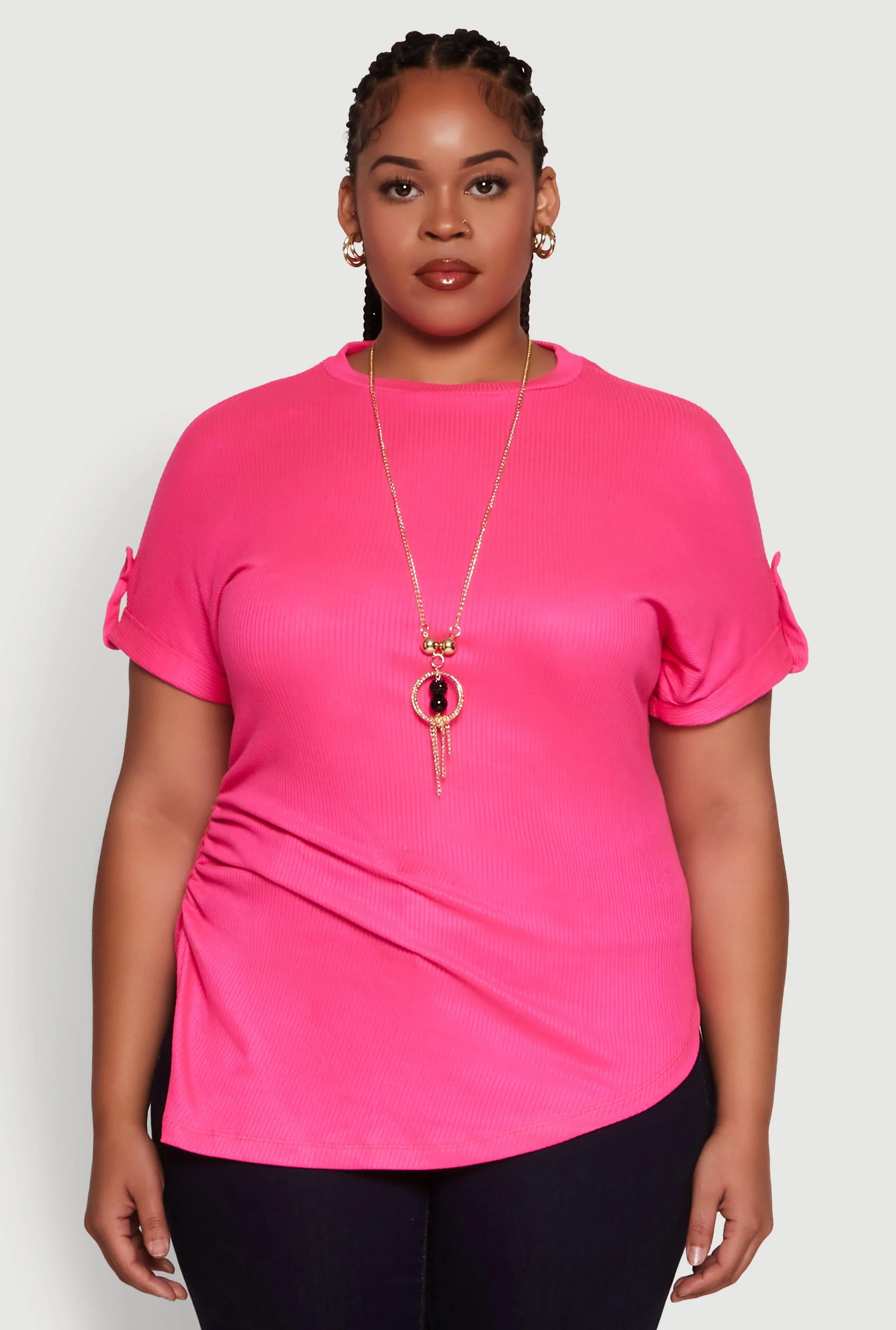 Plus Size Stylish Ribbed Knit Top with Asymmetrical Design and Necklace sold by Rainbow product image thumbnail 2