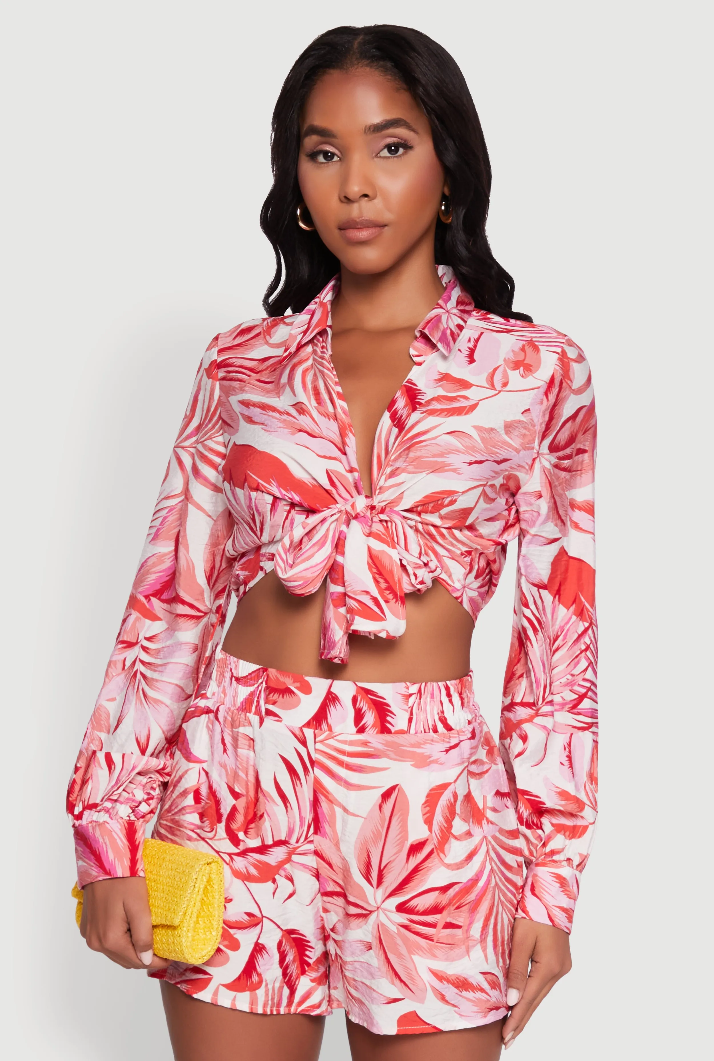 Crepe Knit Tropical Floral Tie Front Crop Top sold by Rainbow