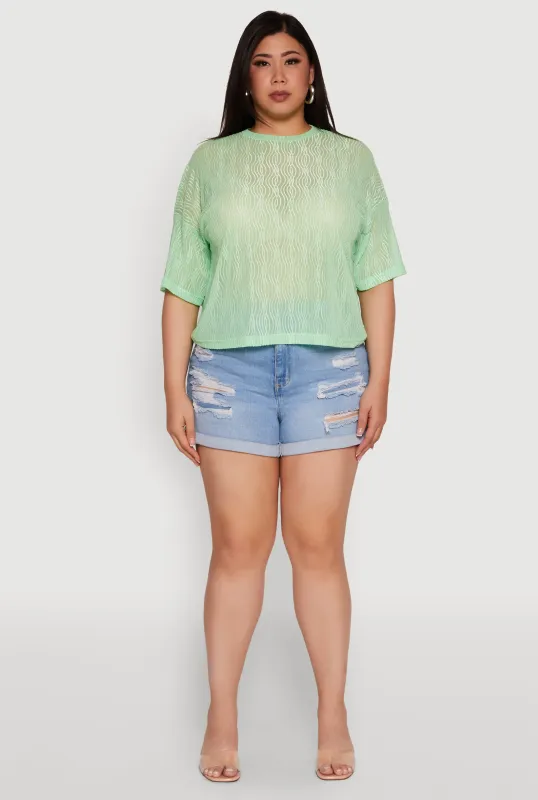 Plus Size Chic Sheer Mesh Blouse with Crew Neck and Short Sleeves sold by Rainbow