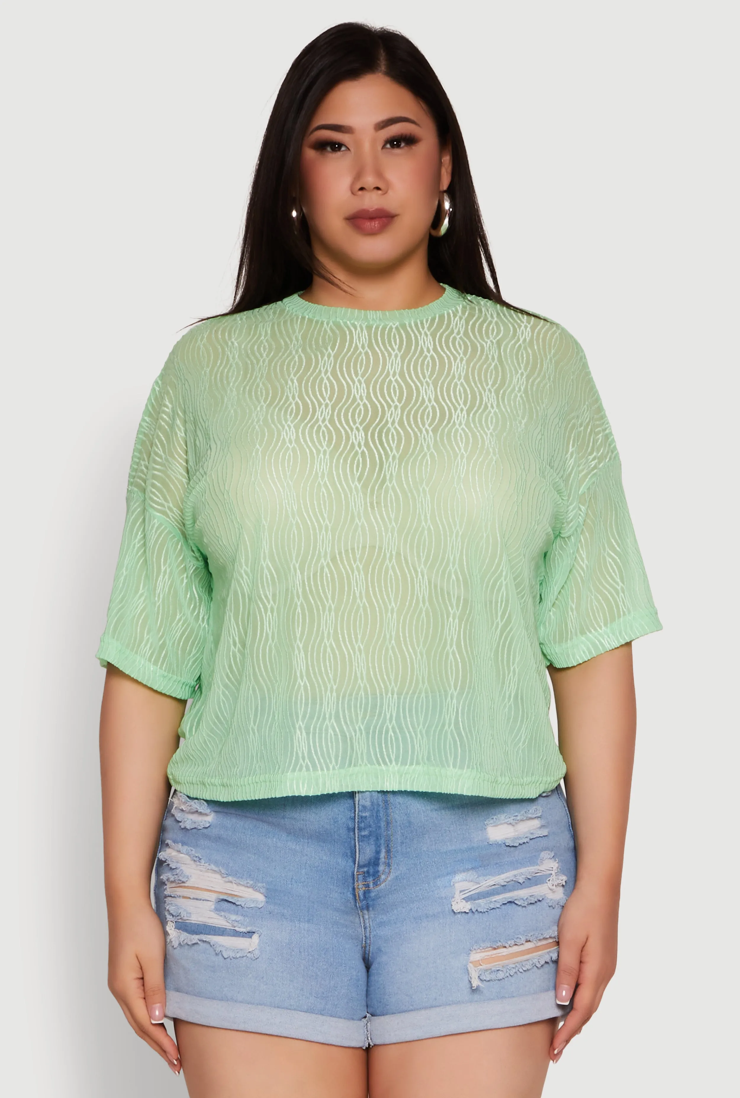 Plus Size Chic Sheer Mesh Blouse with Crew Neck and Short Sleeves sold by Rainbow product image thumbnail 2