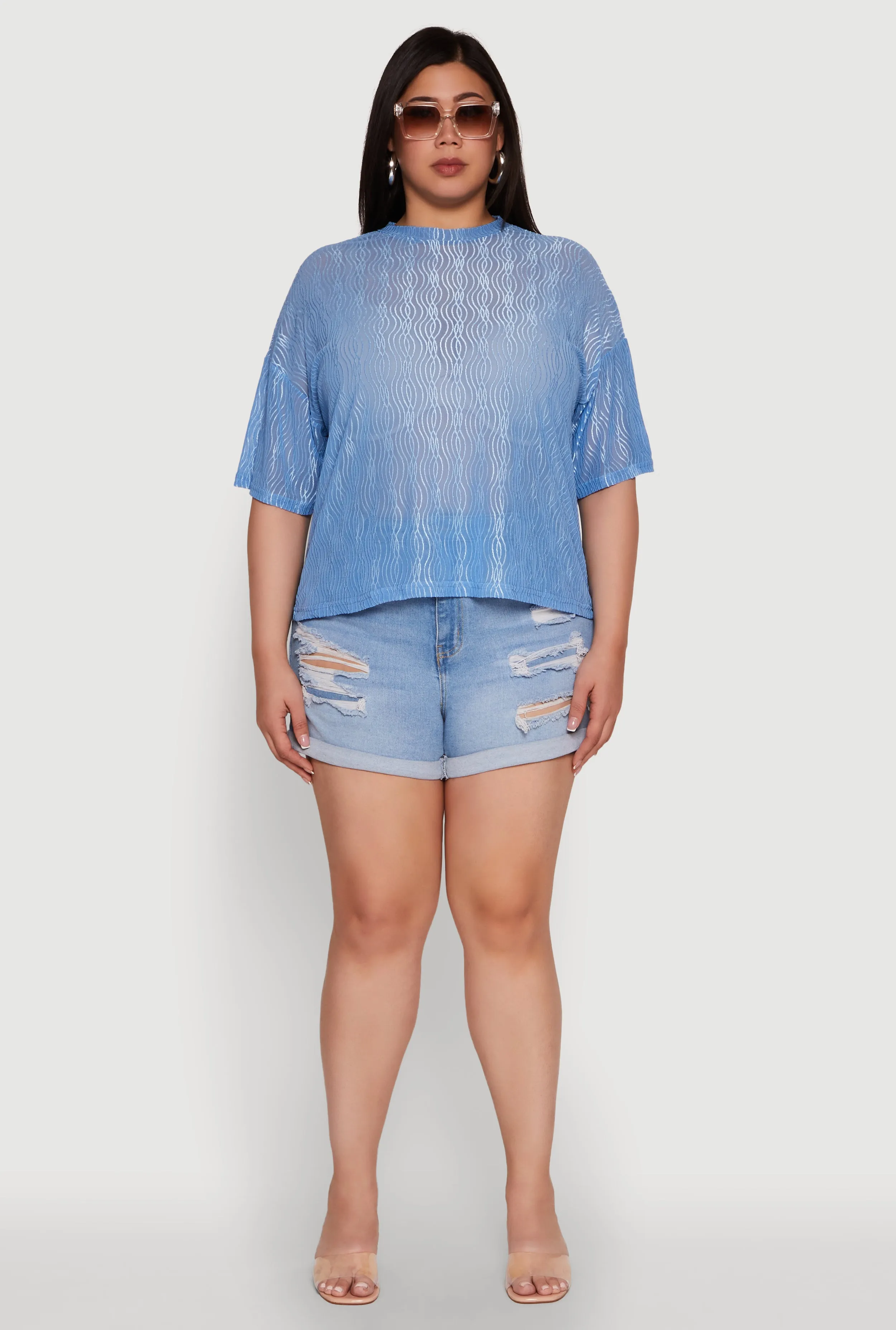 Plus Size Chic Sheer Mesh Blouse with Crew Neck and Short Sleeves sold by Rainbow