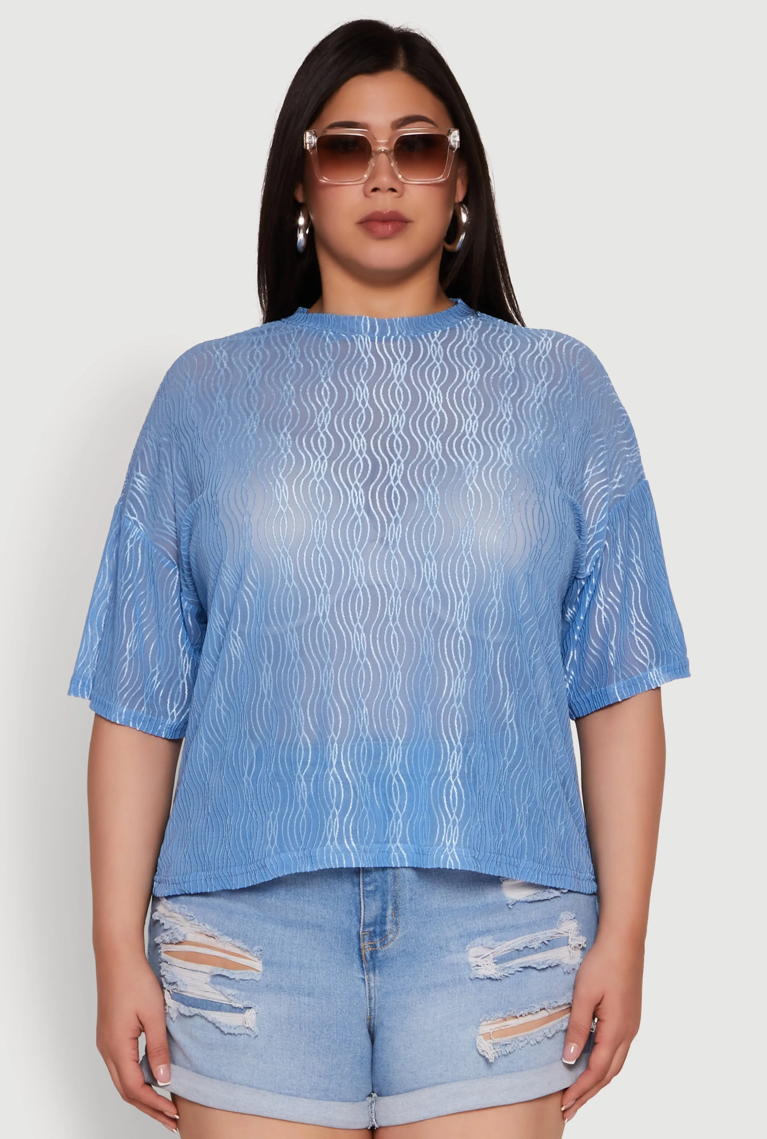Plus Size Chic Sheer Mesh Blouse with Crew Neck and Short Sleeves sold by Rainbow product image thumbnail 2