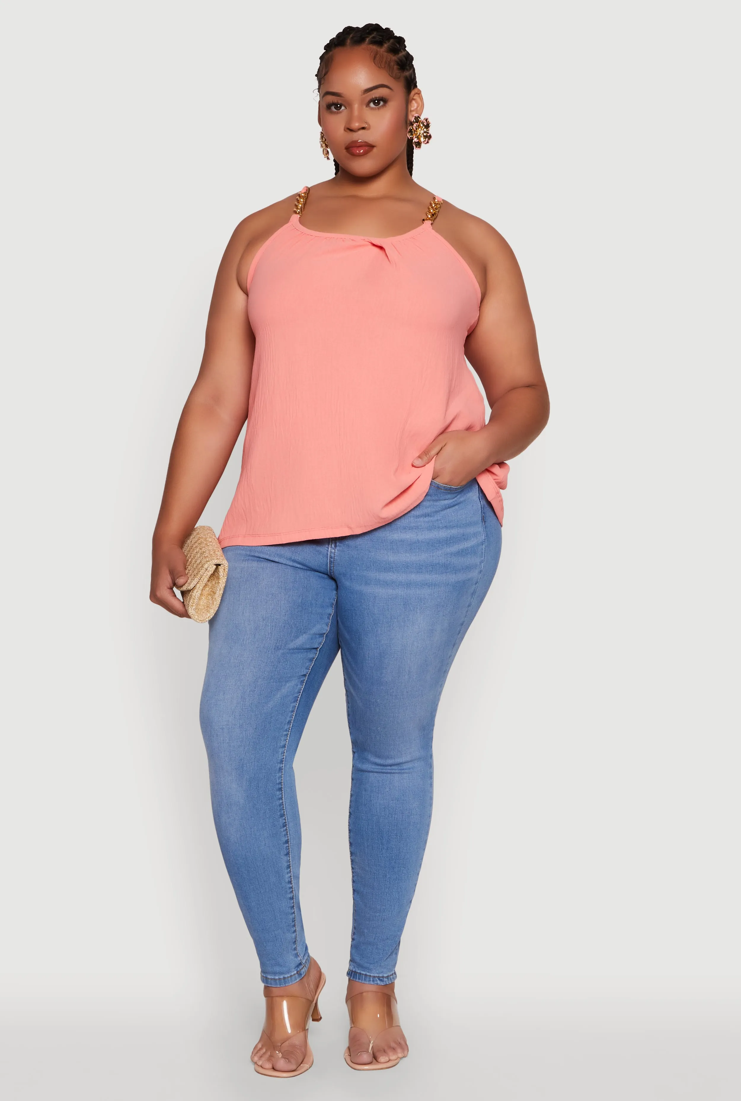 Plus Size Crepe Knit Cami with Chain Strap and Scoop Neck sold by Rainbow