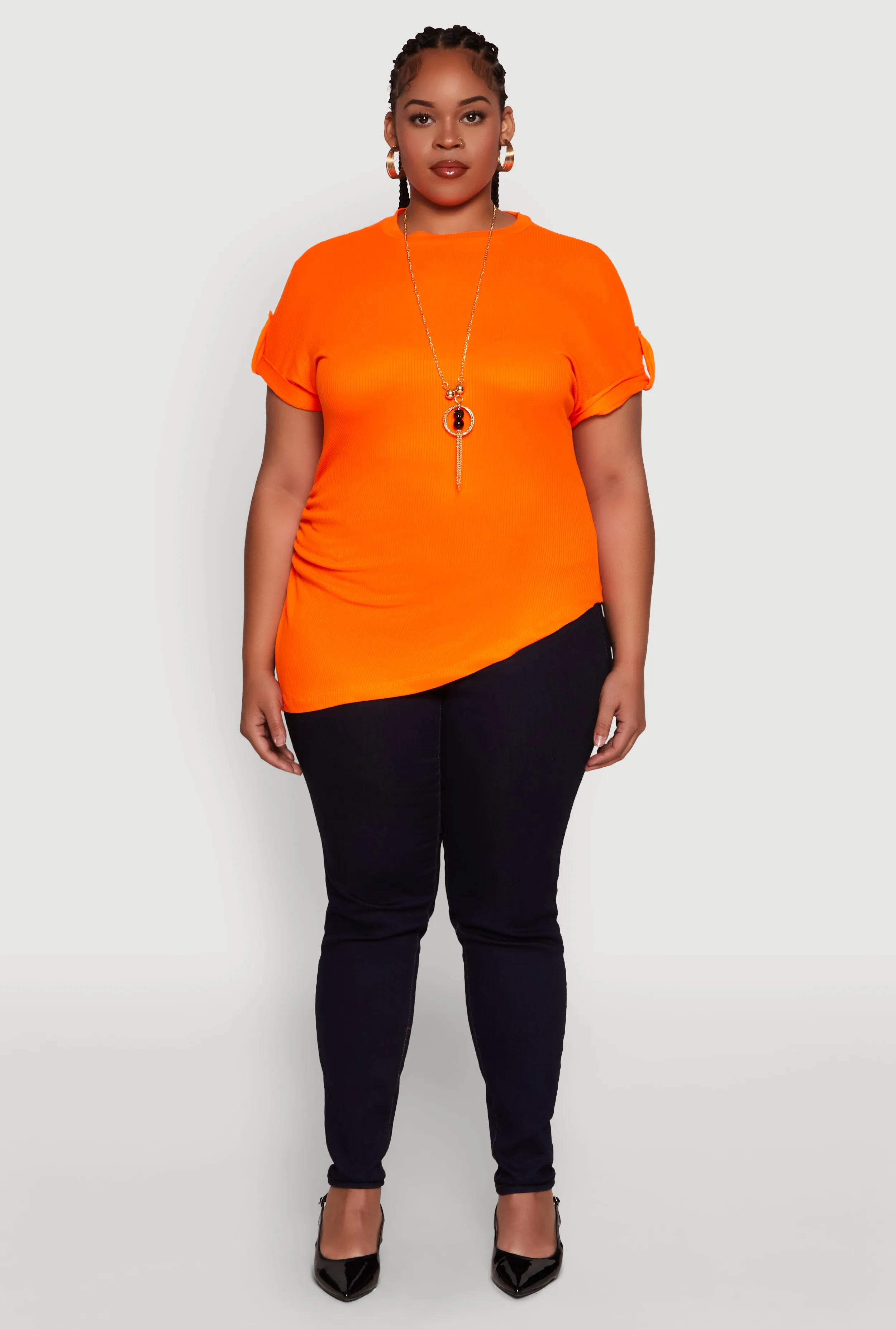 Plus Size Stylish Ribbed Knit Top with Asymmetrical Design and Necklace sold by Rainbow product image thumbnail 3