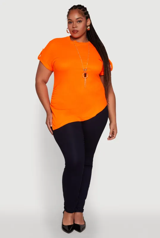 Plus Size Stylish Ribbed Knit Top with Asymmetrical Design and Necklace sold by Rainbow