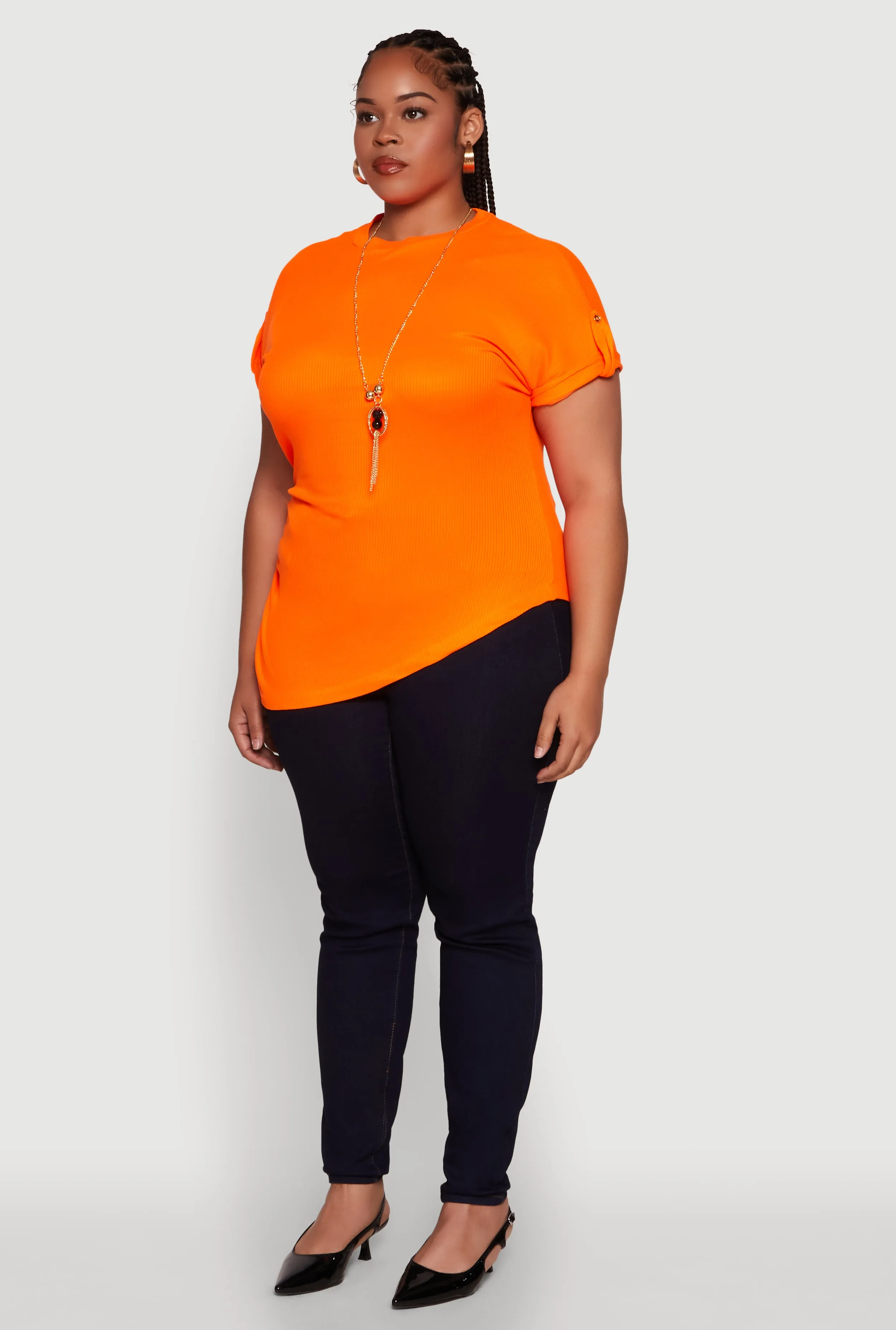 Plus Size Stylish Ribbed Knit Top with Asymmetrical Design and Necklace sold by Rainbow product image thumbnail 5