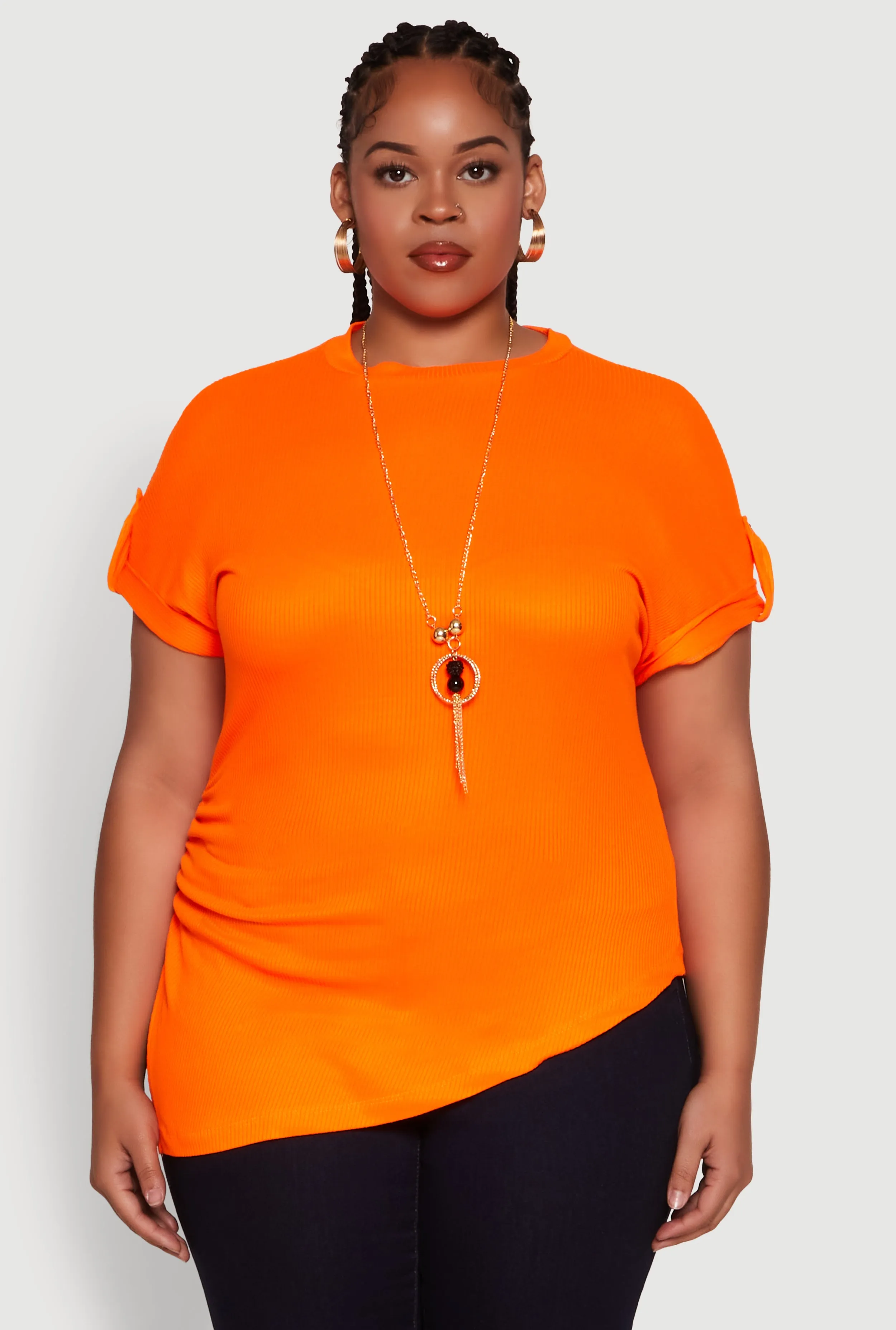 Plus Size Stylish Ribbed Knit Top with Asymmetrical Design and Necklace sold by Rainbow product image thumbnail 2
