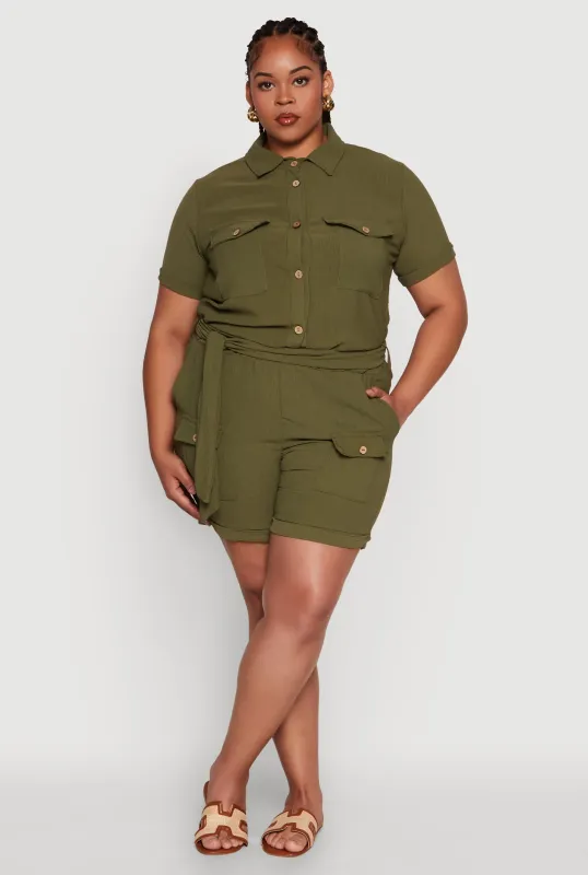 Plus Size Fixed Cuff Shorts with Tie Waist Belt sold by Rainbow