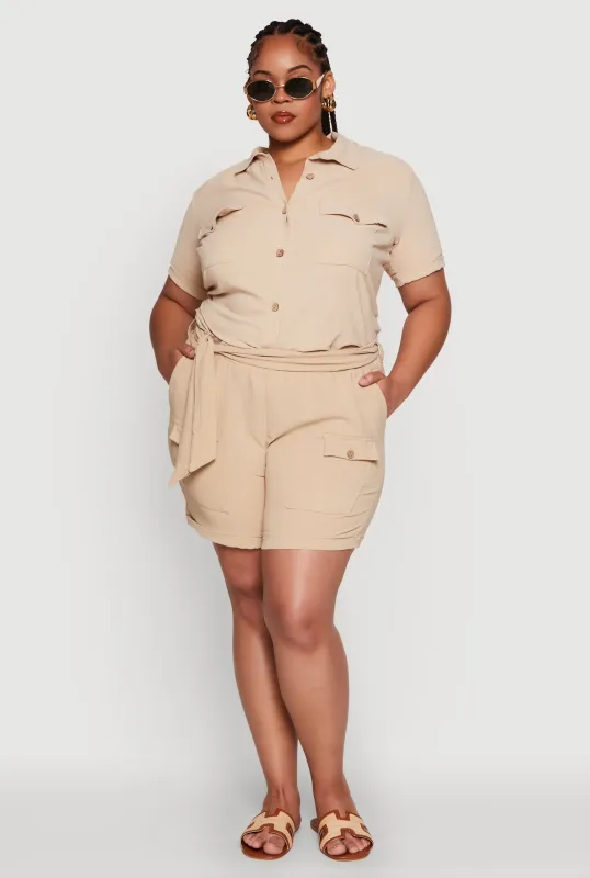 Plus Size Fixed Cuff Shorts with Tie Waist Belt sold by Rainbow