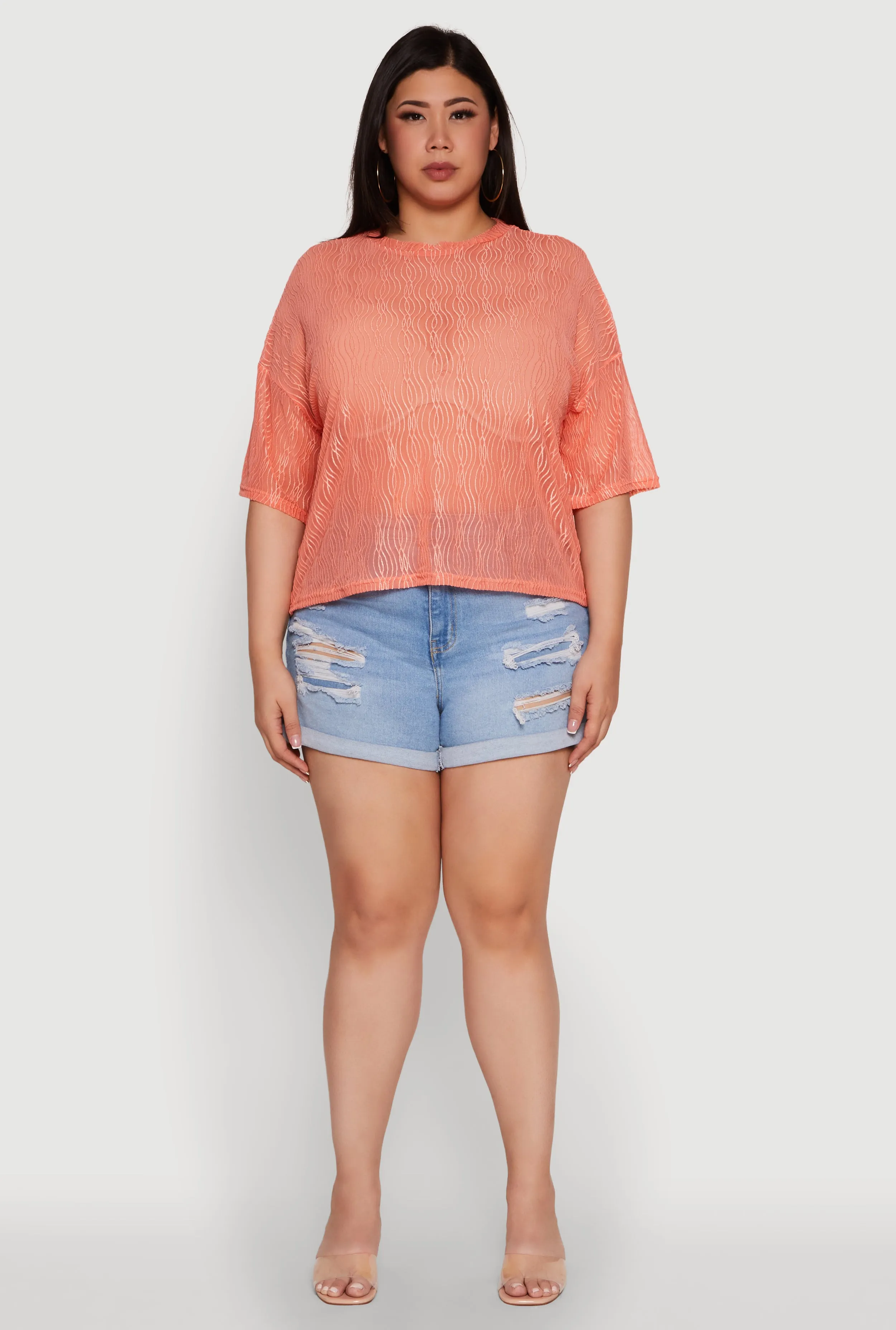 Plus Size Chic Sheer Mesh Blouse with Crew Neck and Short Sleeves sold by Rainbow product image thumbnail 3