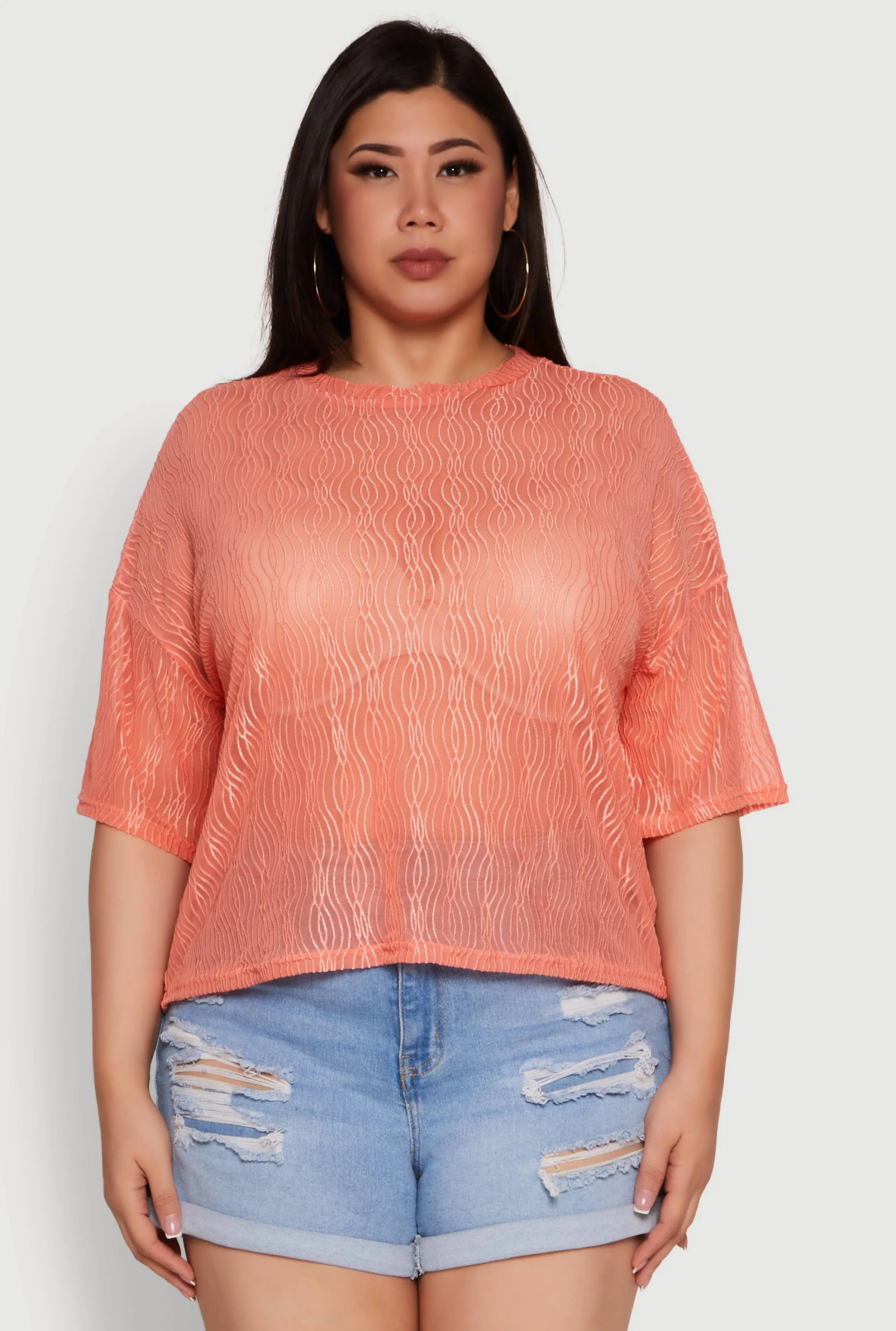 Plus Size Chic Sheer Mesh Blouse with Crew Neck and Short Sleeves sold by Rainbow product image thumbnail 2