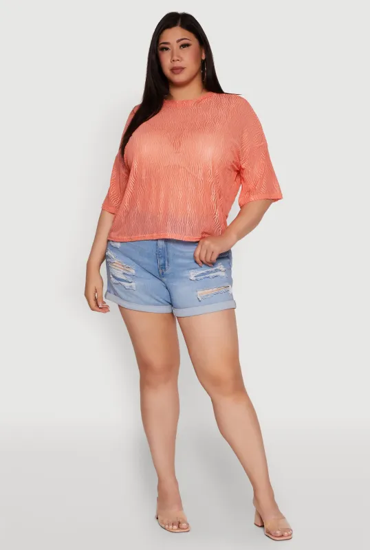 Plus Size Chic Sheer Mesh Blouse with Crew Neck and Short Sleeves sold by Rainbow