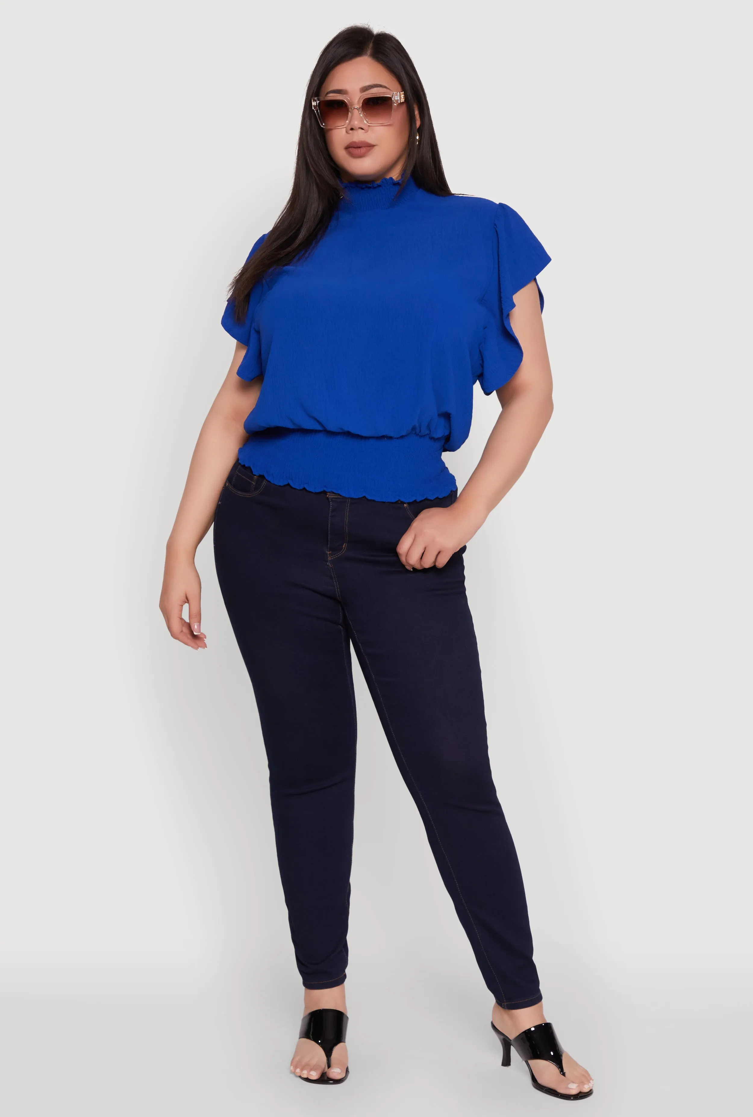 Plus Size Chic Crepe Knit Flutter Sleeves Mock Neck Blouse sold by Rainbow