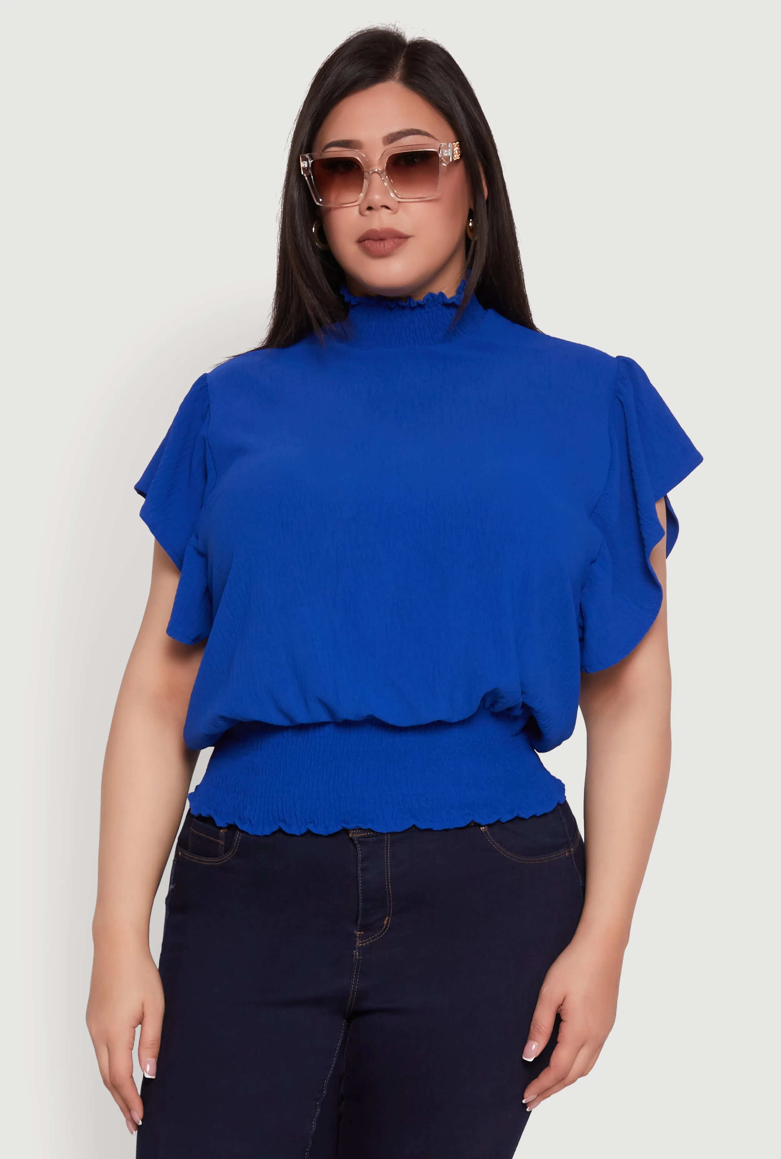 Plus Size Chic Crepe Knit Flutter Sleeves Mock Neck Blouse sold by Rainbow product image thumbnail 2