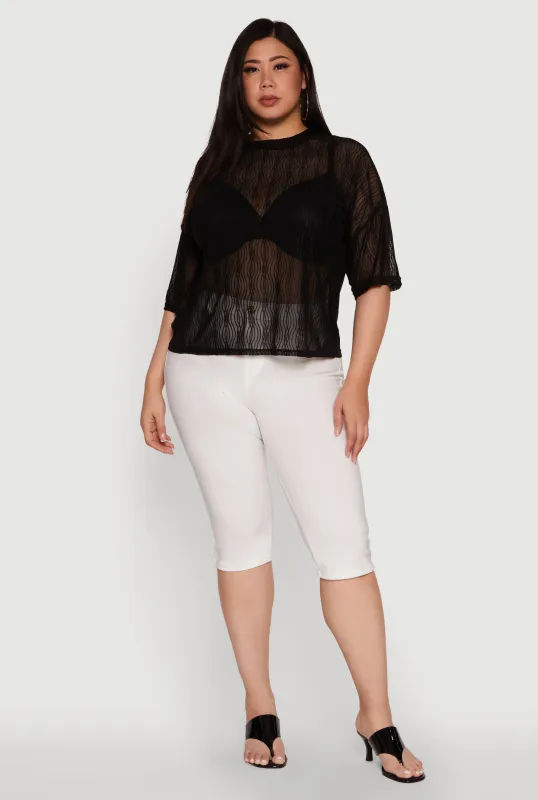 Plus Size Chic Sheer Mesh Blouse with Crew Neck and Short Sleeves sold by Rainbow