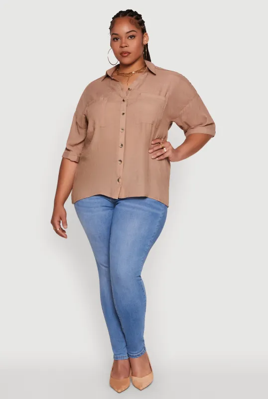 Plus Size Chic Side Slit Button Front Shirt sold by Rainbow