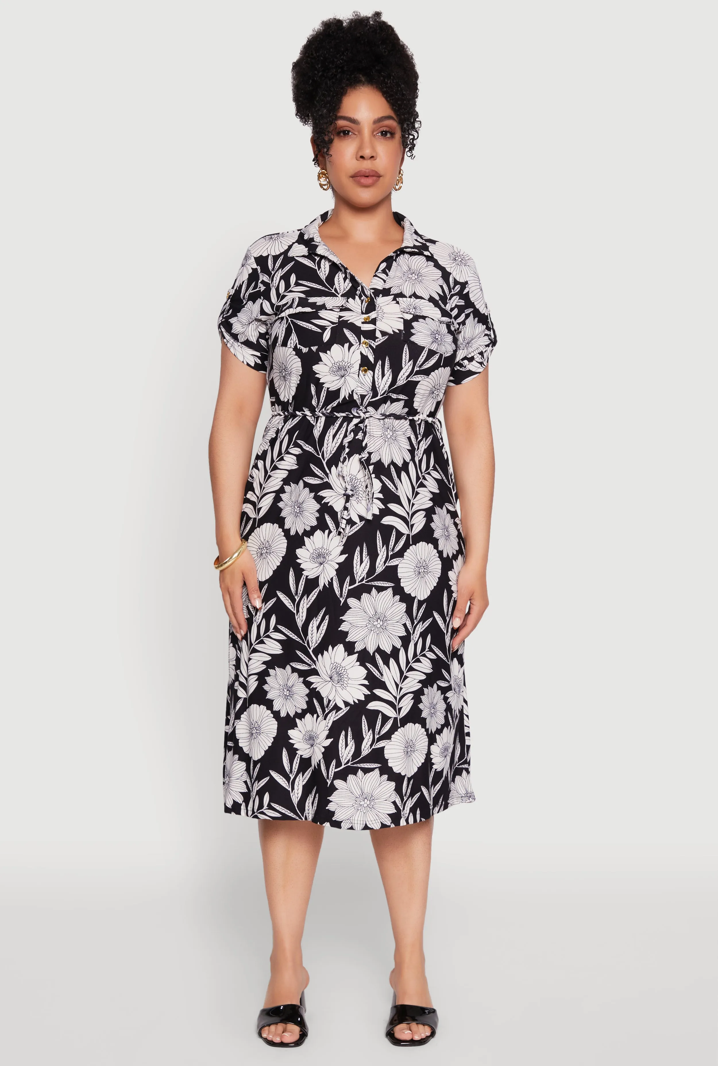 Plus Size Floral Print Half Button Shirt Dress with Tie Waist Belt sold by Rainbow product image thumbnail 2