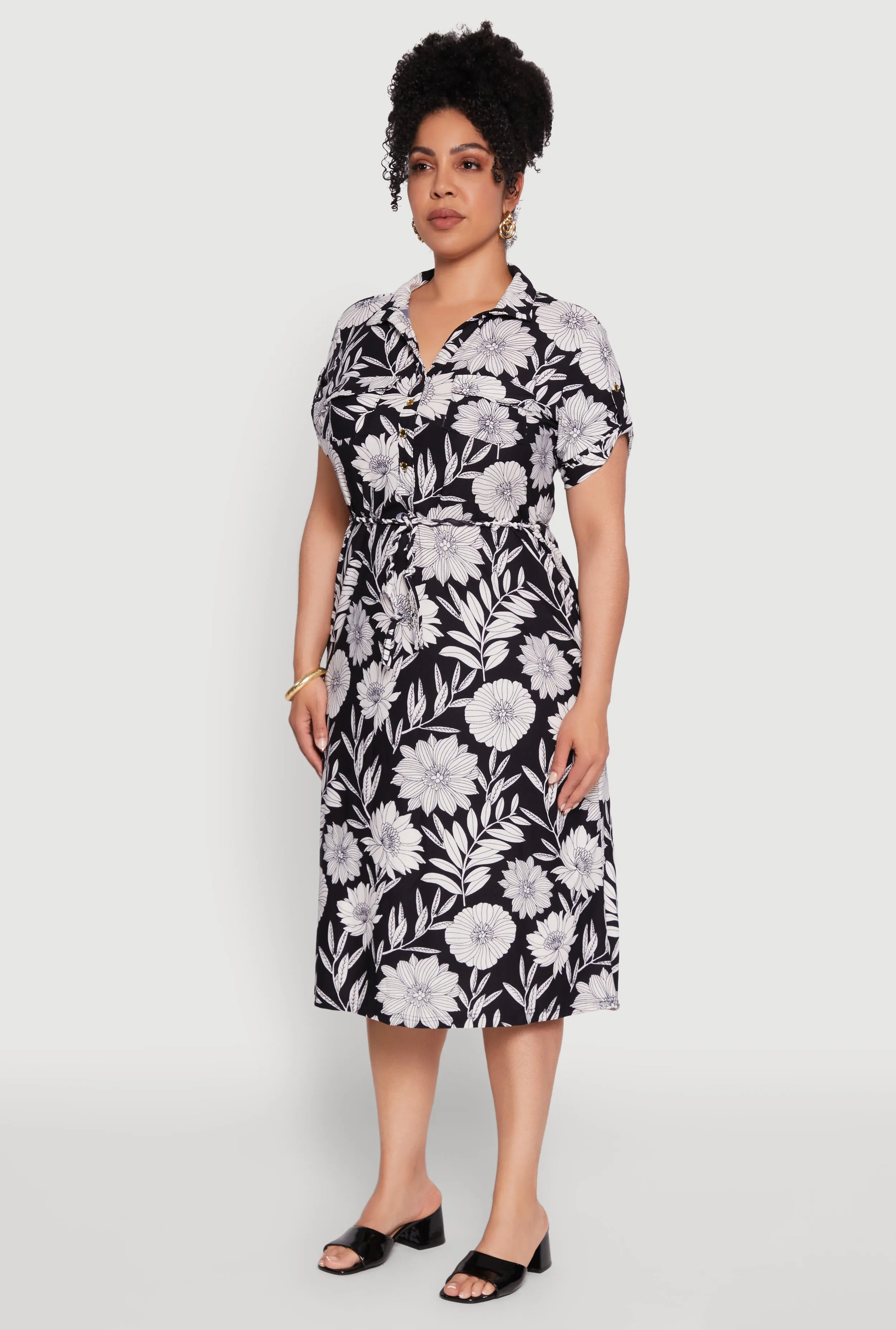 Plus Size Floral Print Half Button Shirt Dress with Tie Waist Belt sold by Rainbow product image thumbnail 3