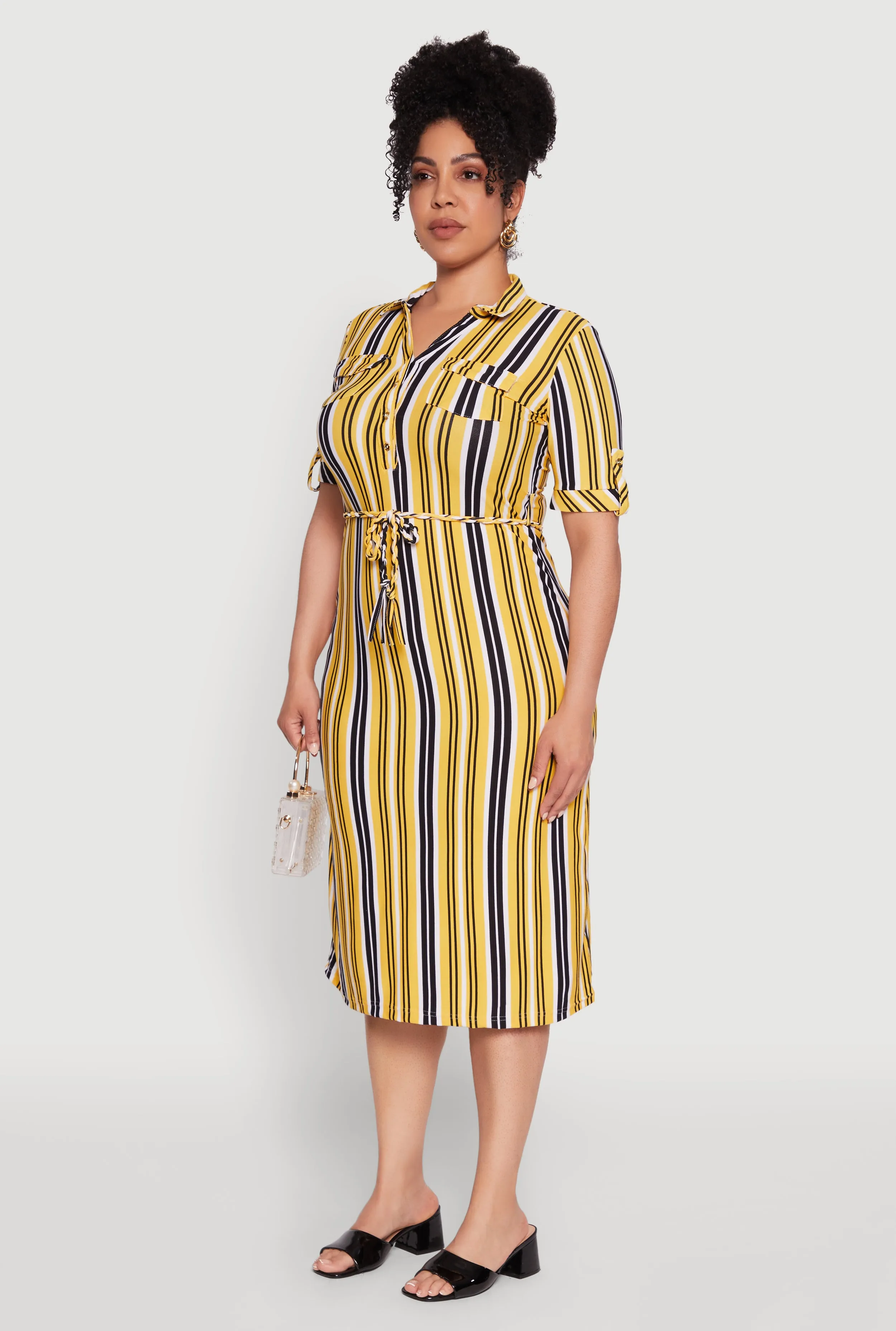 Plus Size Striped Shirt Dress with Tie Waist Belt and Flap Pockets sold by Rainbow product image thumbnail 3