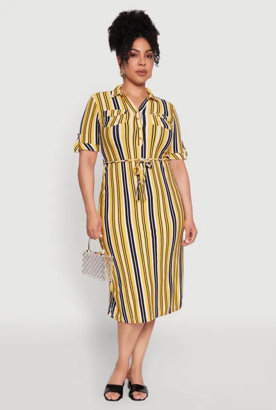 Plus Size Striped Shirt Dress with Tie Waist Belt and Flap Pockets sold by Rainbow