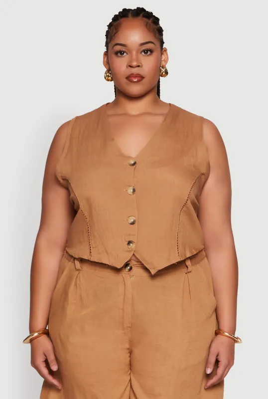 Plus Size Trendy Linen Crochet Detail Cropped Vest sold by Rainbow