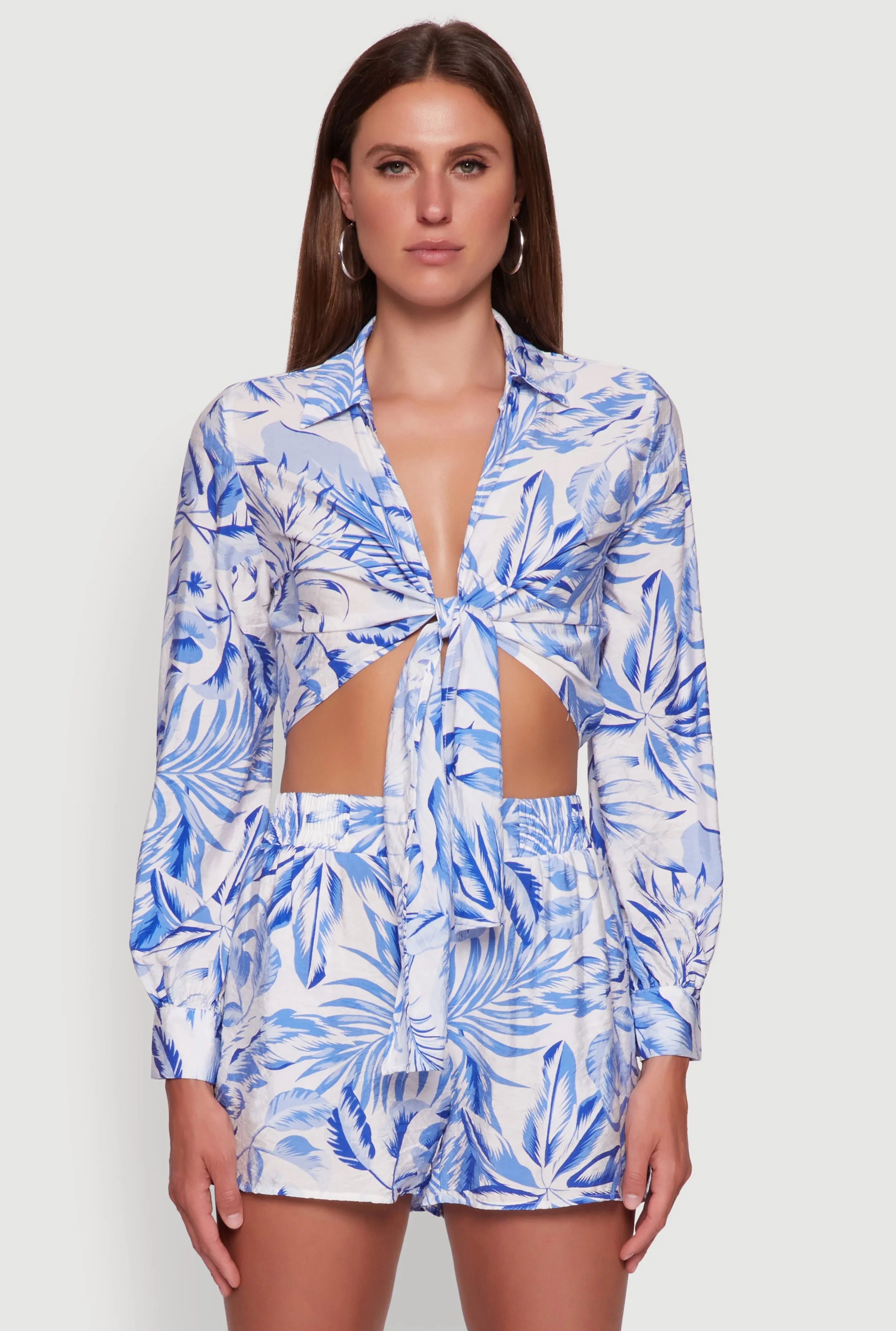 Crepe Knit Tropical Floral Tie Front Crop Top sold by Rainbow