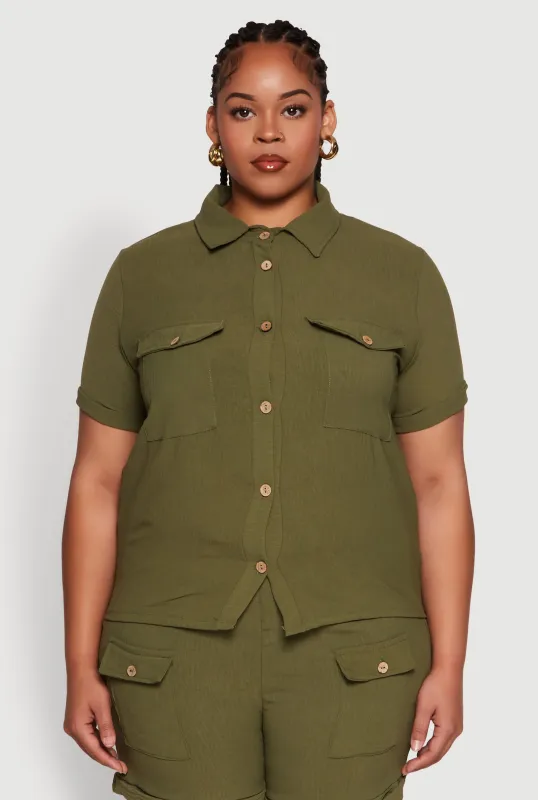 Plus Size Crepe Knit Cargo Pocket Button Front Shirt sold by Rainbow