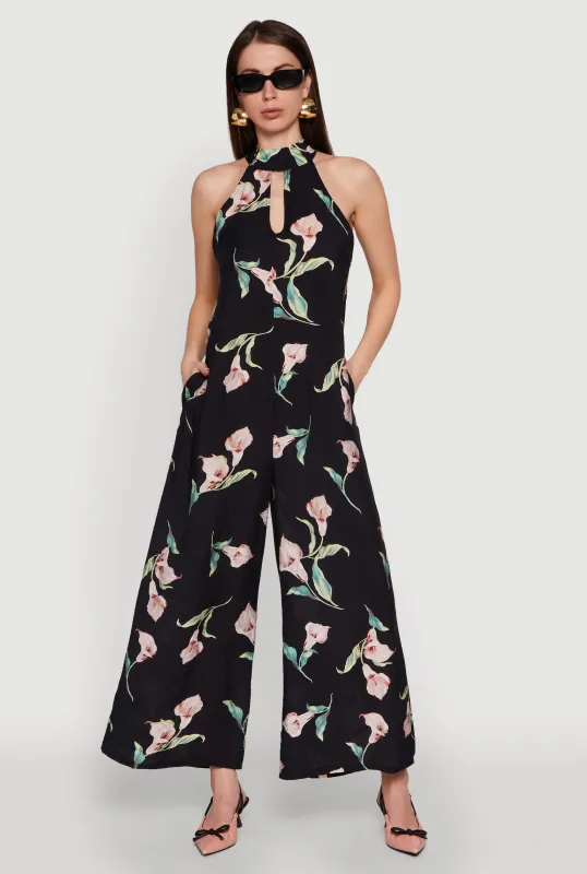 Chic Floral Print Sleeveless Halter Neck Jumpsuit sold by Rainbow