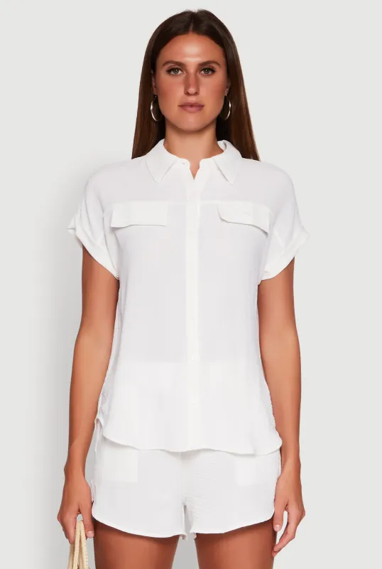 Chic Crepe Knit Button Front Shirt with Flap Pockets sold by Rainbow