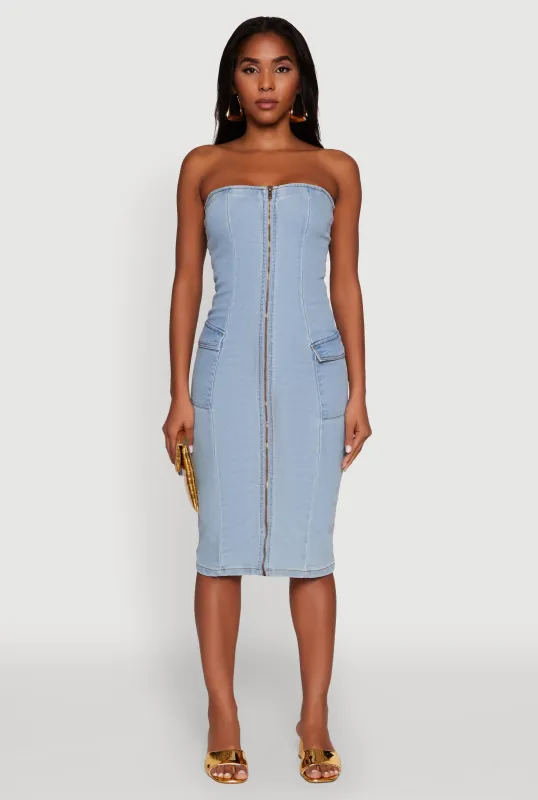 Chic Zip Front Cargo Denim Tube Dress sold by Rainbow