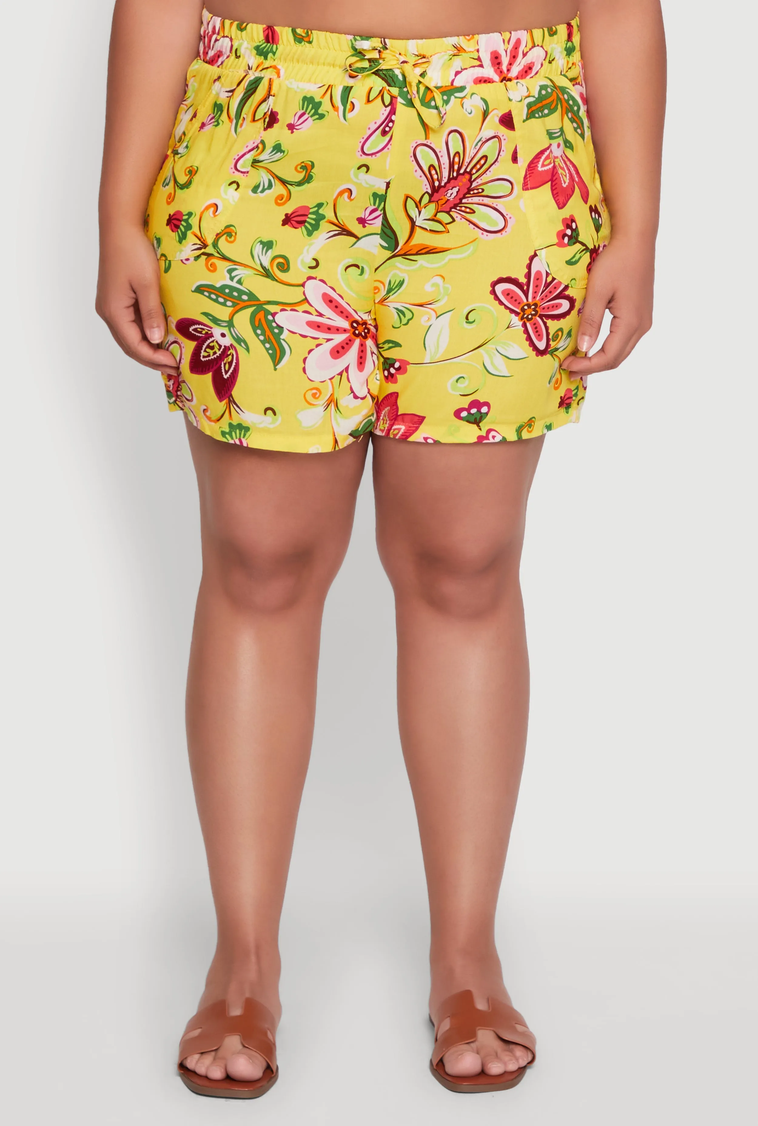 Plus Size Floral Print High Waisted Shorts with Drawstring Waist sold by Rainbow product image thumbnail 3