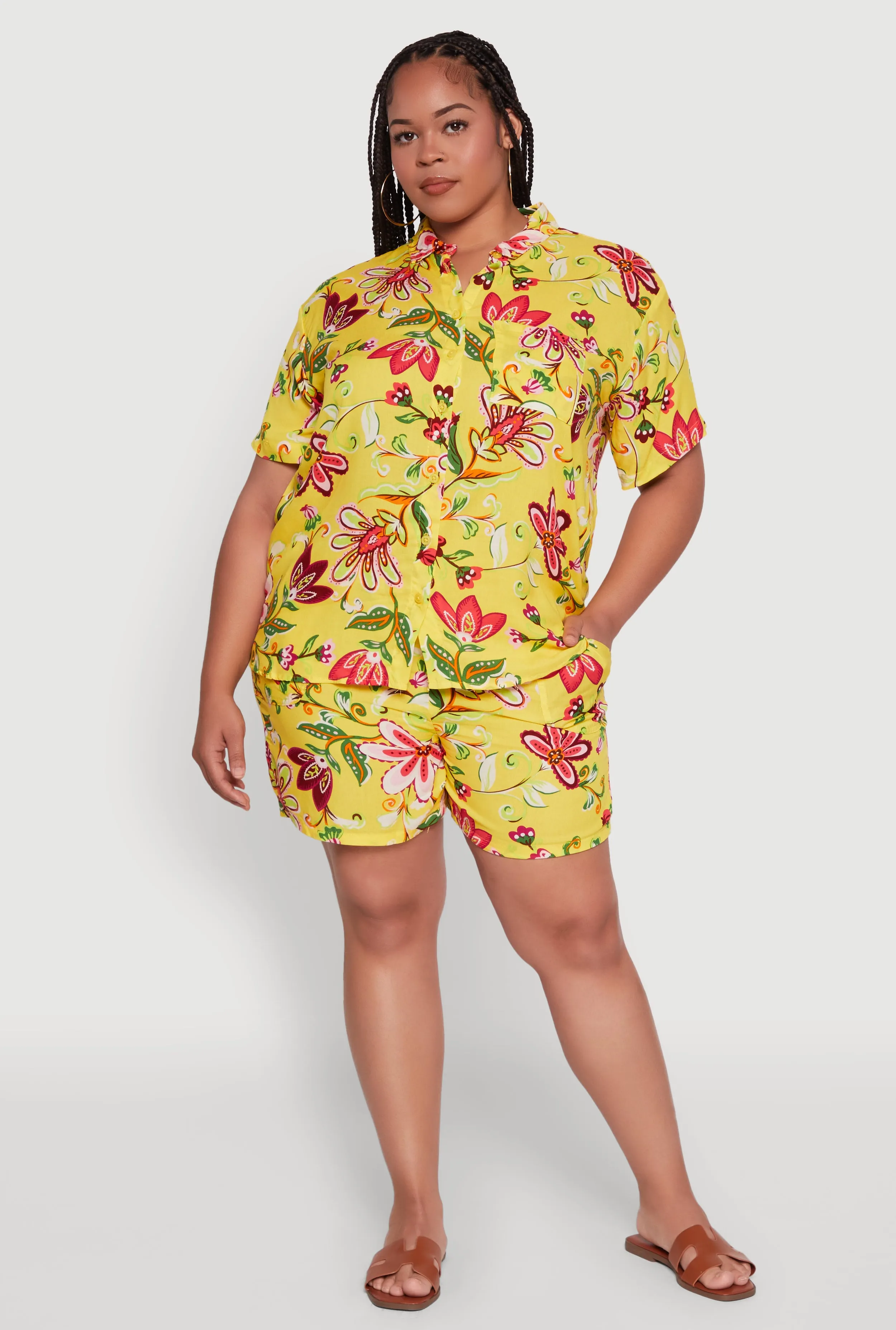 Plus Size Floral Print High Waisted Shorts with Drawstring Waist sold by Rainbow
