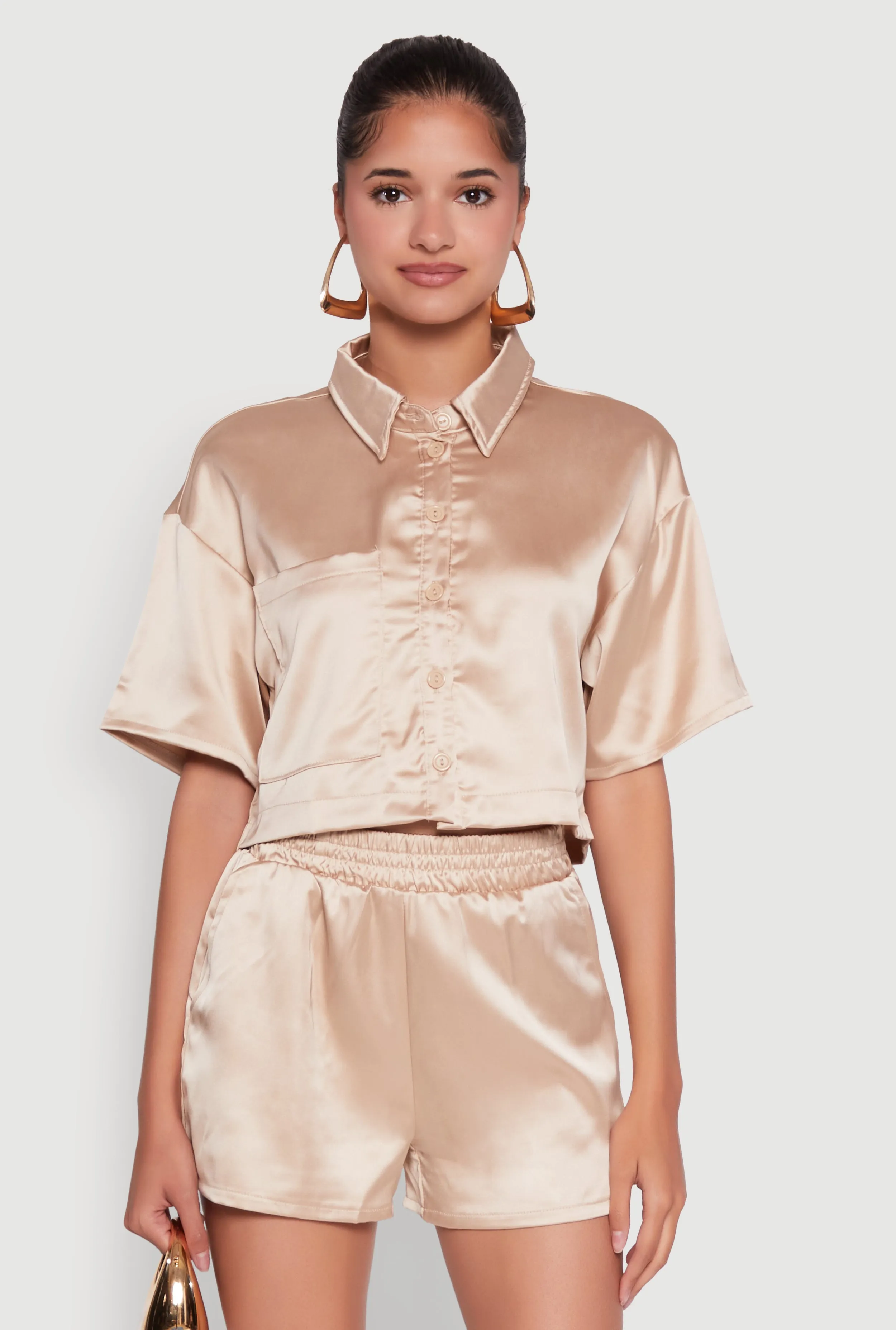 Elegant Cropped Satin Button Front Shirt sold by Rainbow
