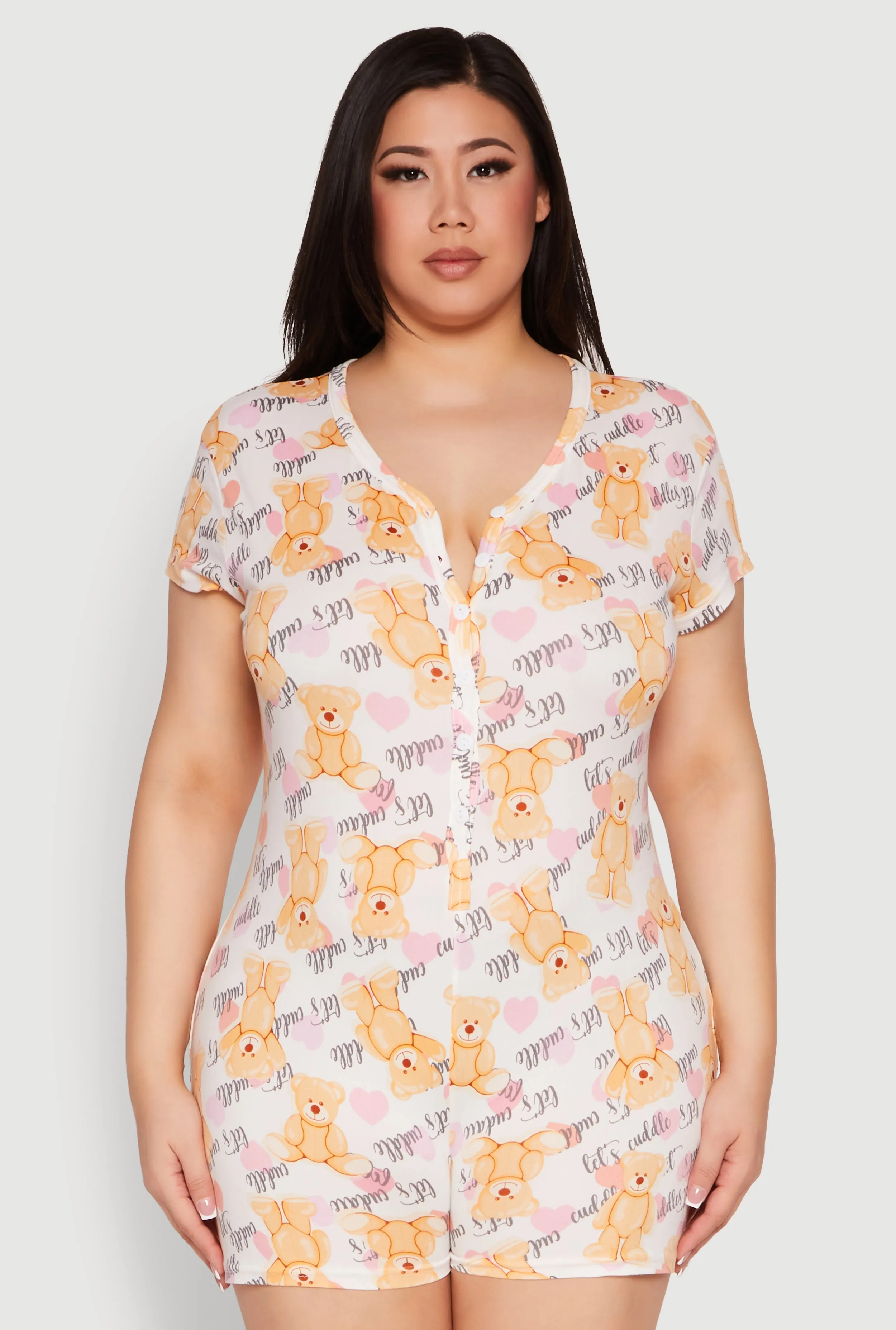 Plus Size Cuddle Bear Graphic Pajama Romper sold by Rainbow