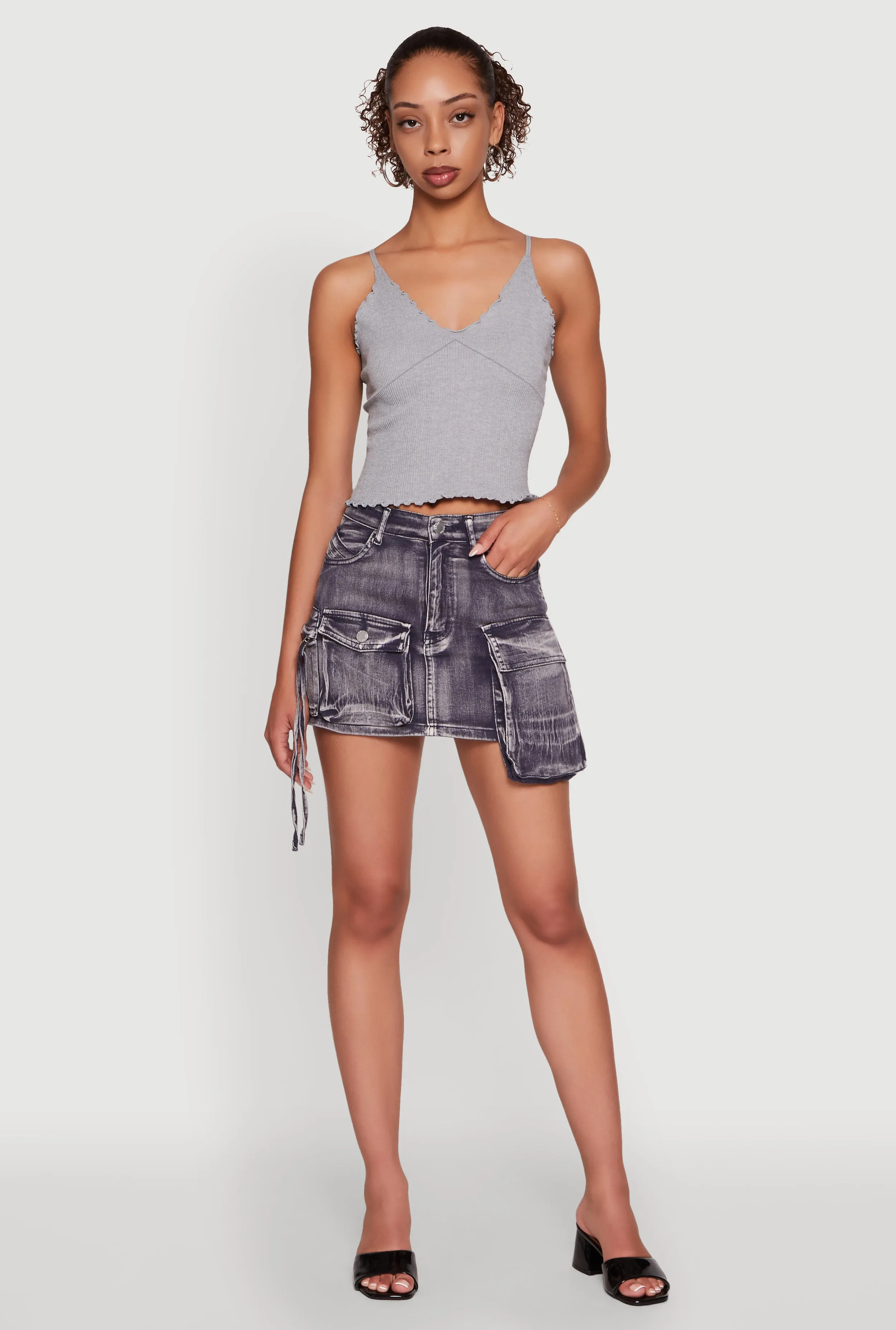 Daisy Mineral Wash High Waisted Mini Denim Skirt with Cargo Pockets sold by Rainbow