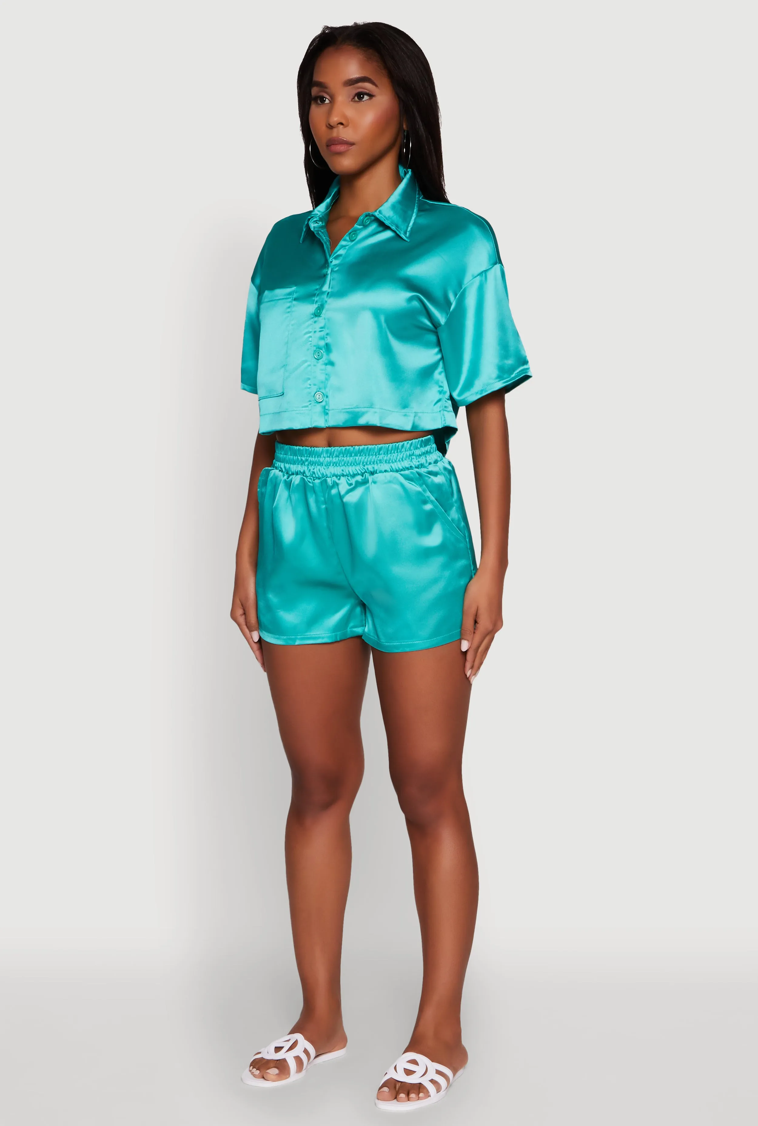 Elegant Cropped Satin Button Front Shirt sold by Rainbow product image thumbnail 5